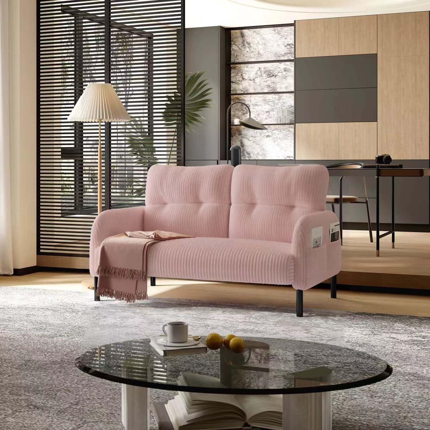 46" Corduroy Fabric Loveseat Sofa, 2-Seater Double Sofa with Side Pockets, Soft Foam Cushions & Sturdy Solid Wood Frame, Modern Monochrome Couch for Living Room, Bedroom (Olive Green)