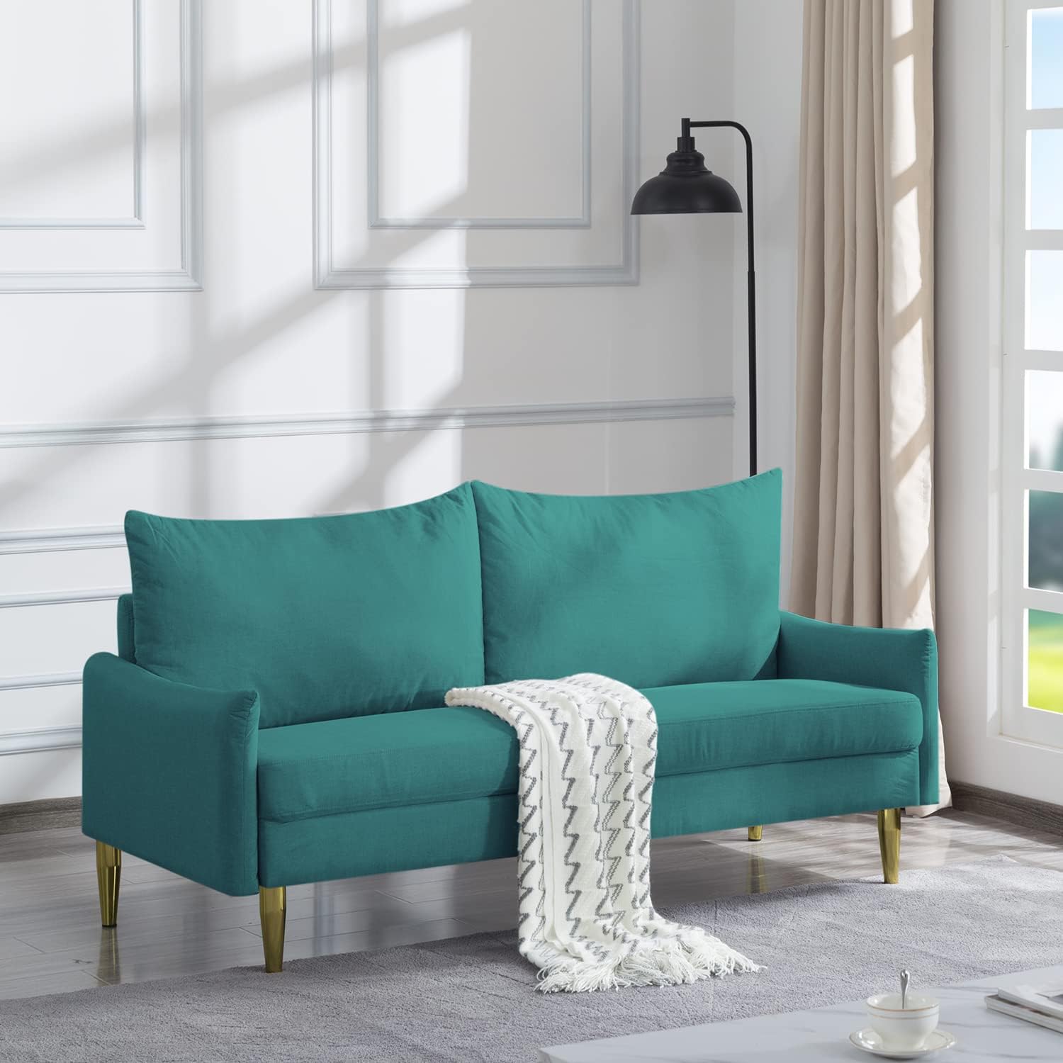 Fabric Loveseat Sofa, Modern 66.9" 2-Seater Couch with Golden Legs, Soft Upholstered Love Seats for Living Room, Apartment, Office - Stylish Design, Comfortable Seating, Compact Size (Light Green)