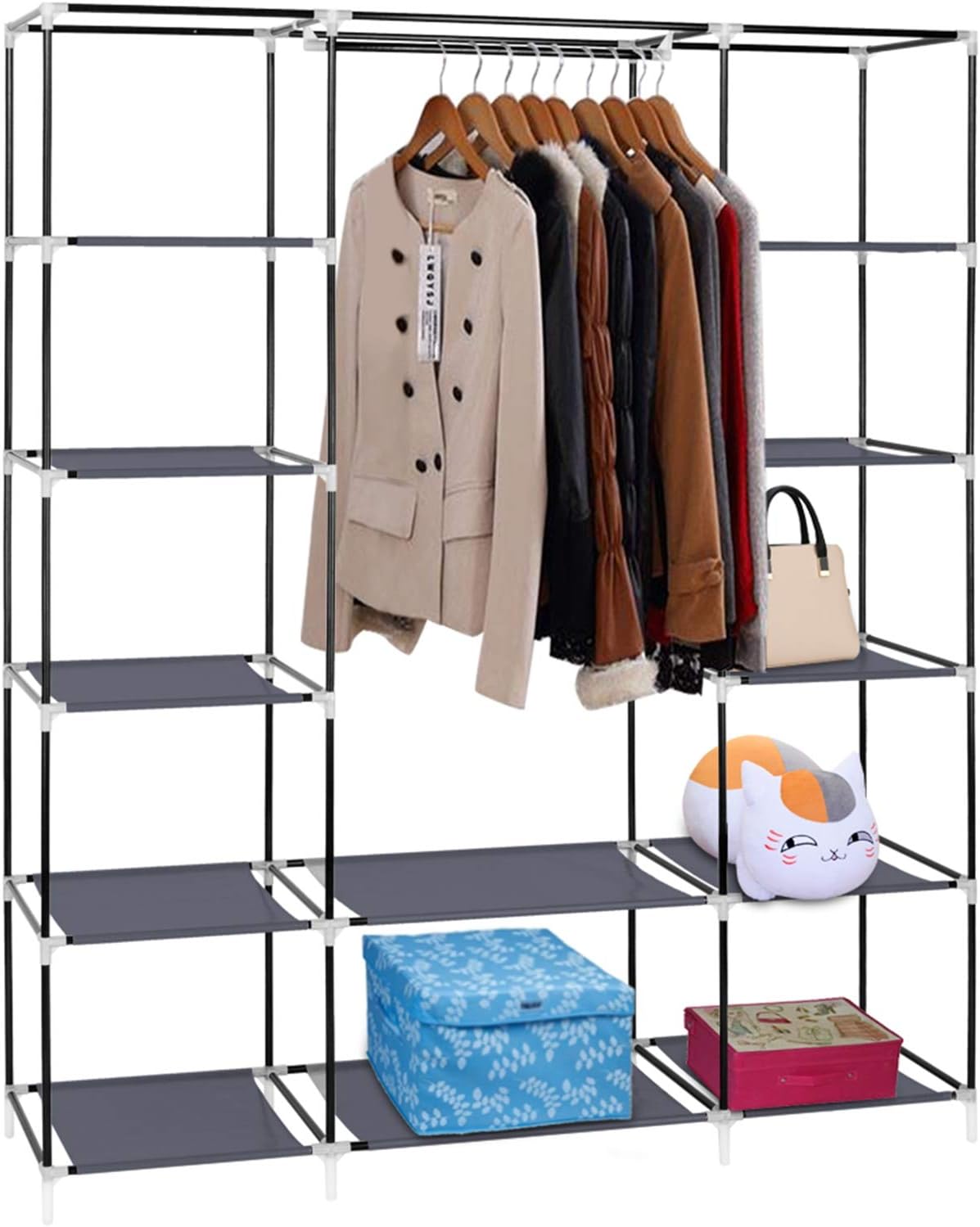 69" Portable Clothes Closet Wardrobe Storage Organizer with Non-Woven Fabric Quick and Easy to Assemble Extra Strong and Durable Gray