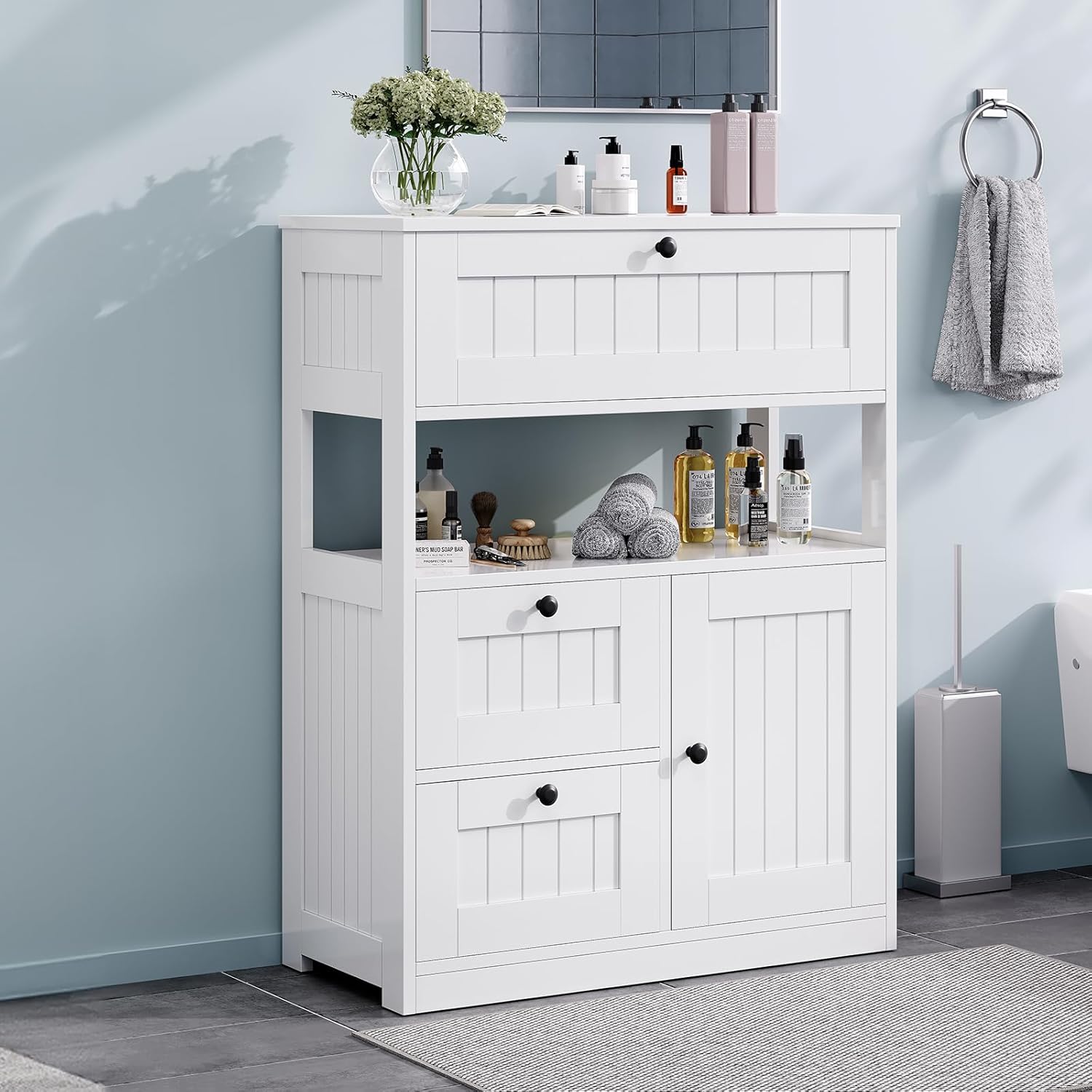 Bathroom Cabinet, Modern Bathroom Floor Storage Cabinet Organizer with 3 Drawers and Adjustable Shelves, Home Furniture for Multifunction in Living Room, Hallway, Kitchen, White
