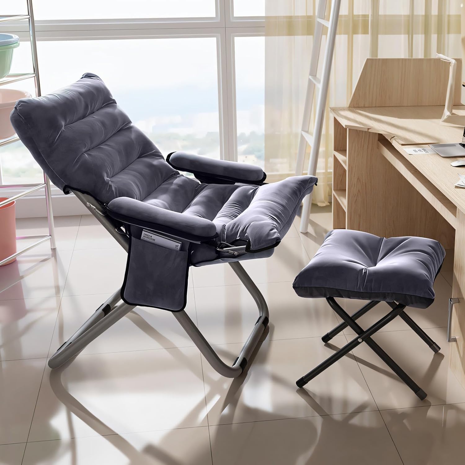 Living Room Lazy Chair with Ottoman & Armrest - Modern Accent Lounge Chair, Reclining Leisure Sofa with Side Pocket, Comfortable Armchair for Bedroom, Balcony | Grey