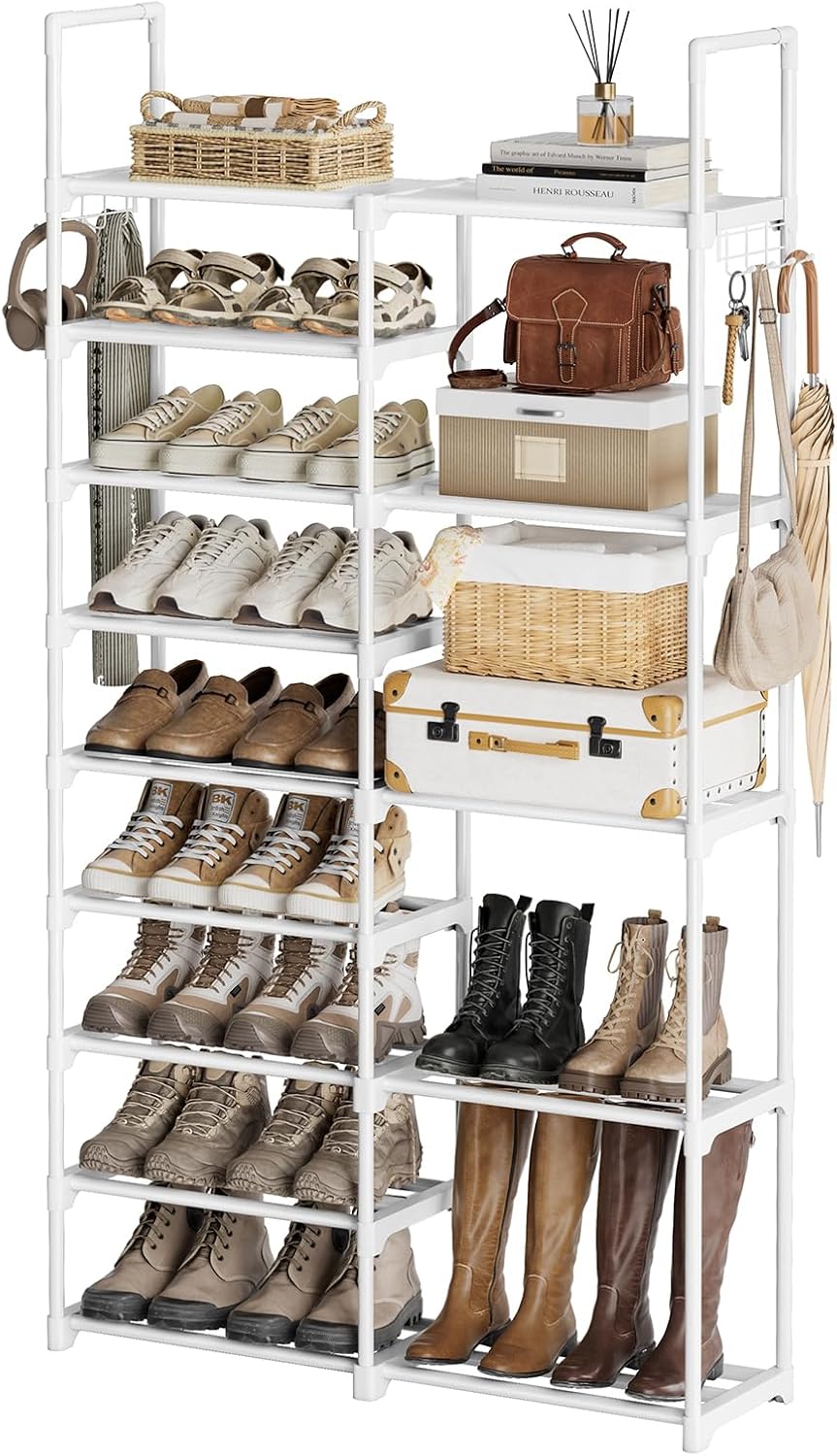 WOWLIVE 9 Tiers Large Shoe Rack Storage Organizer for Closet 50-55 Pairs Shoe Tower Unit Shelf Stackable Shoe Rack with Metal Pipes Plastic Connectors Black(SSS3B9)
