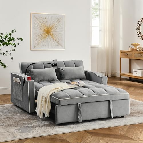 Modern 3-in-1 Convertible Sofa Bed with USB & Type-C Ports, Velvet Pull-Out Double Sofa, Lounge Chair and Guest Bed with Cup Holder and Phone Stand, Ideal for Living Room, Apartment, Studio