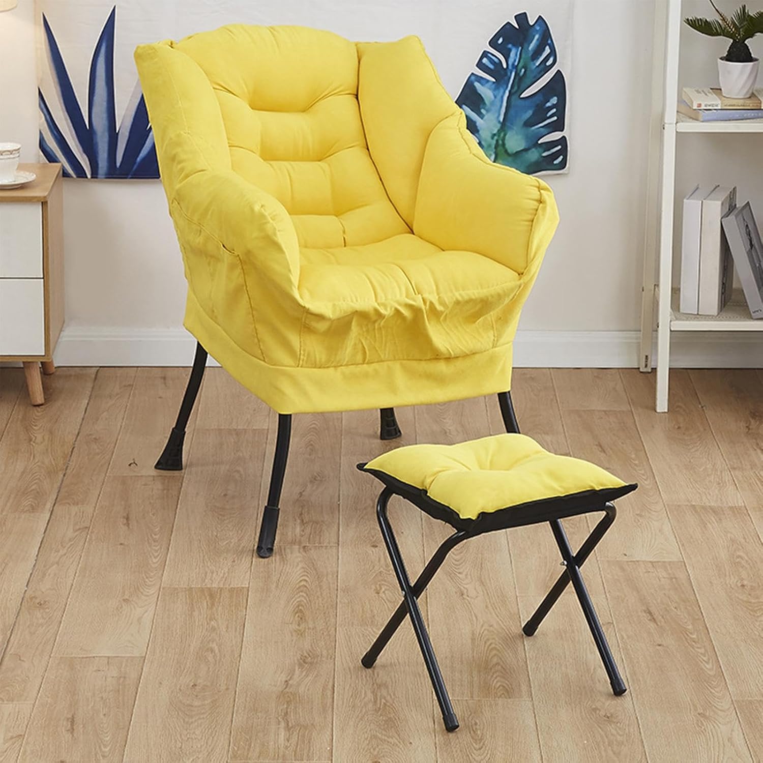 Lazy Chair with Ottoman | Modern Lounge Chair for Bedroom | Large Reclining Accent Chair | Reading Chair with Foldable Footrest | Velvet Sofa Armchair for Dorm, Rooms, Garden and Courty Ard