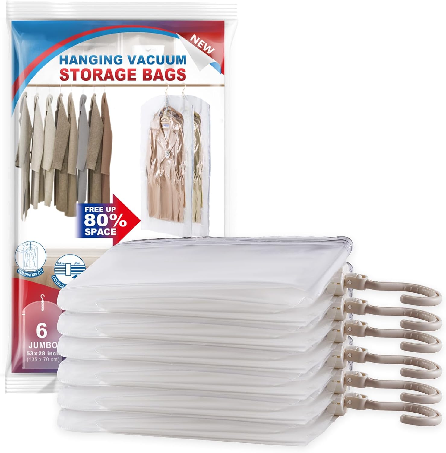 Hanging Vacuum Storage Bags, 6 Pack Large Hanging Vacuum Seal Garment Bags for Clothing, Space Saver for Clothes, Suits, Dresses, Jackets, Clothing Storage for Moving Supplies(53.1x27.6 in)