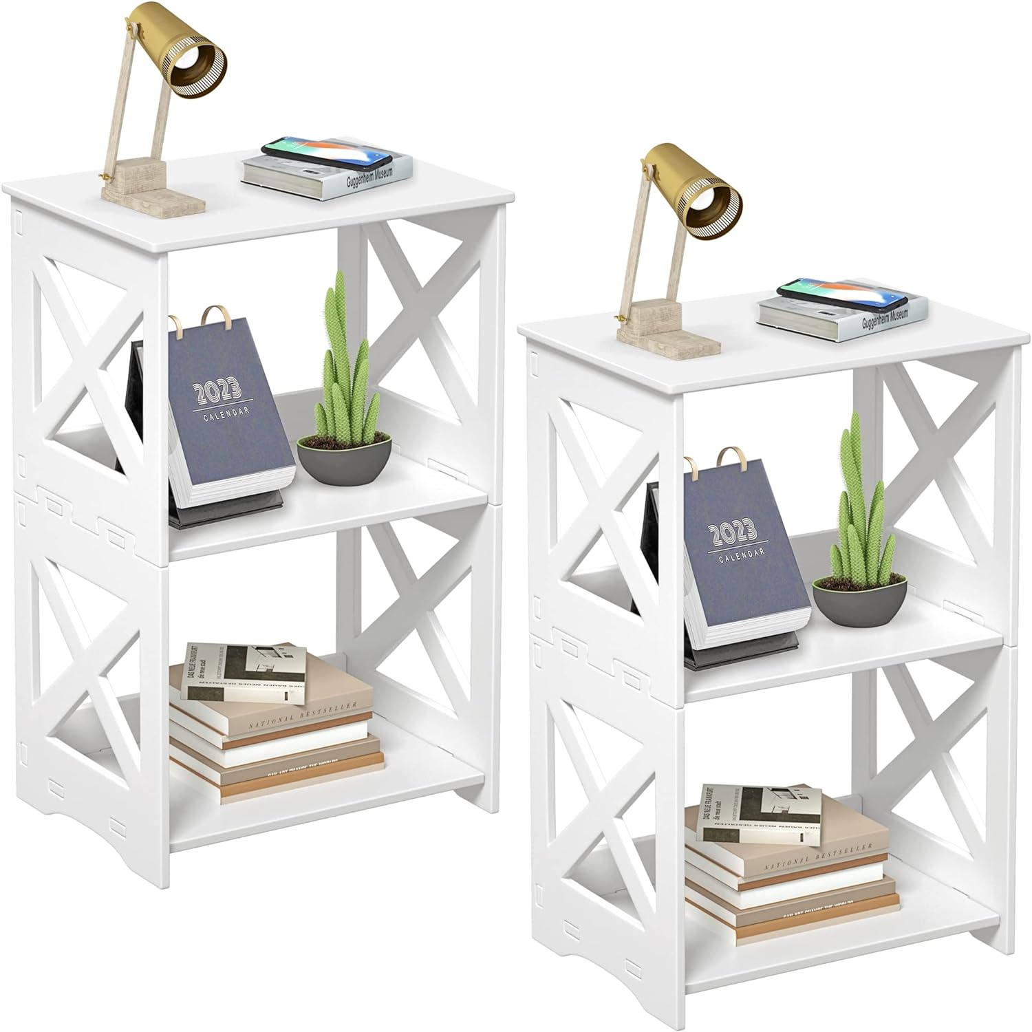 BYFU 3-Tier Side Table, Small End Table with Storage Shelf, White Nightstand Bedside Table Updated Bookshelf Bookcase Display Rack for Bedroom Bathroom Living Room Office