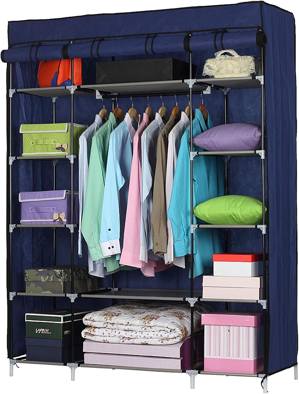 5-Layer Portable Closet, 12-Compartment Non-Woven Fabric Wardrobe, Alloy Structure, Navy, 52.4x18.1x67