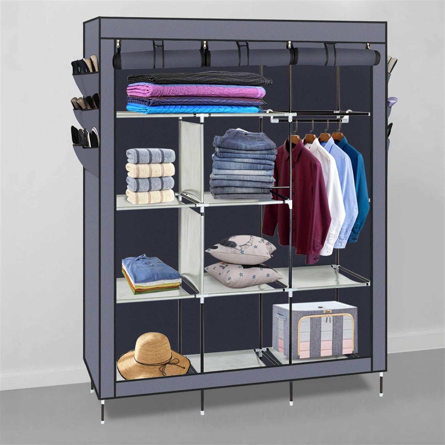 69"" High-Leg Portable Closet, Fabric Wardrobe for Hanging Clothes with Hanging Rods and Side Pockets, Steel Tube Clothes Storage Organizer for Quick and Easy to Assembly, Gray Cover, Grey