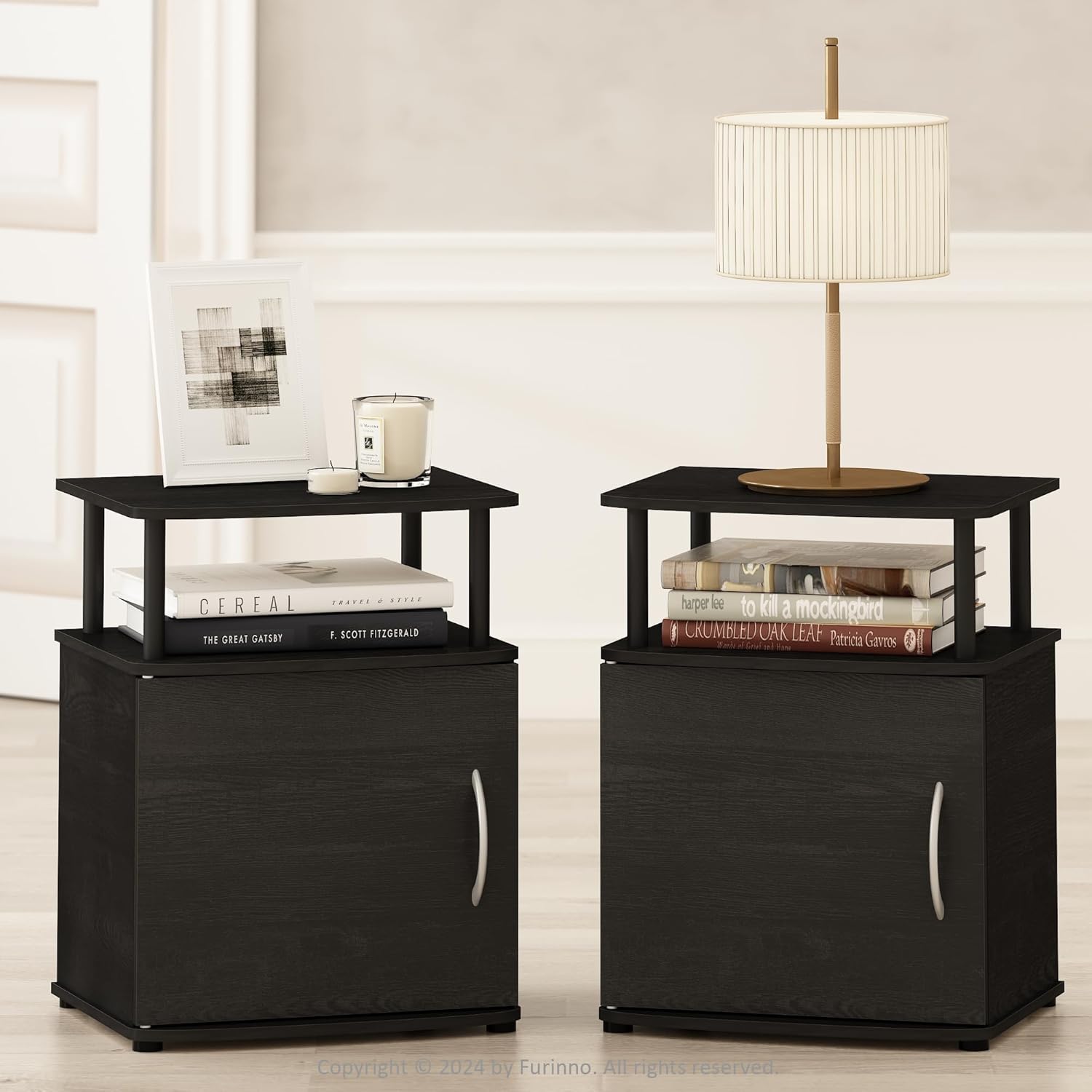 Furinno Turn-N-Tube Tall Nightstand with Bin, 1-Pack, Plastic Poles, Amber Pine/Black