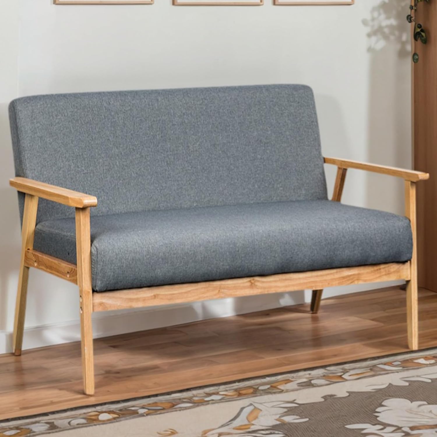 Small Couch for Bedroom Office, 45” Loveseat for Small Spaces Living Room, Mid Century Modern Loveseat with Wooden Armrests & Legs, Foam Seat, Solid Wood (Natural)