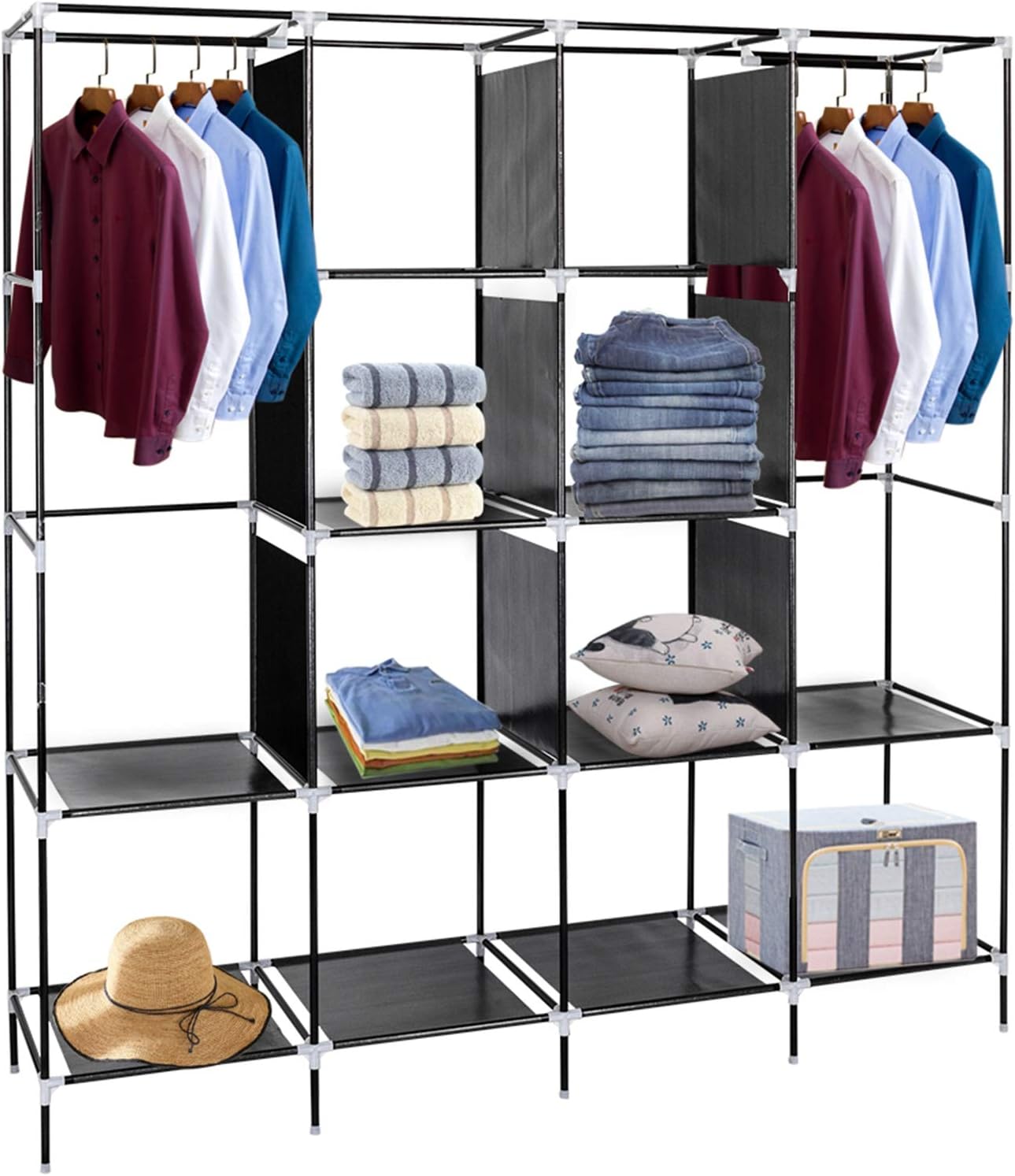 67" Portable Wardrobe Closet, Large Capacity Foldable Wardrobe with Hanging Rod and 12 Storage Shelves, Sturdy Non-Woven Fabric, Dustproof & Waterproof, Black