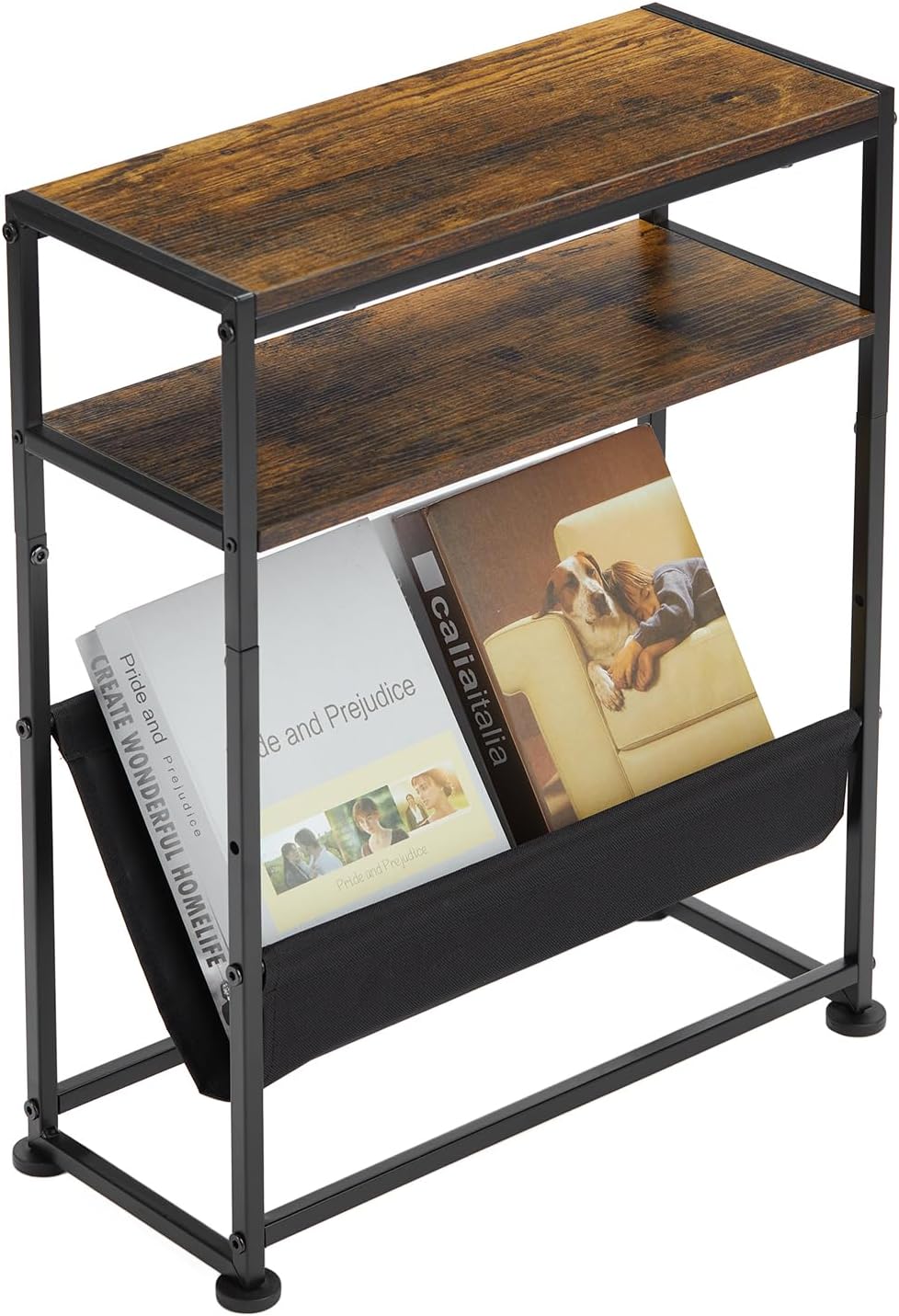 Narrow End Table for Small Spaces - Slim Side Table with Magazine Holder,2 in 1 Design Narrow Coffee Table Living Room,Skinny Bedroom Nightstand Thin Side Magazine Table,Oak