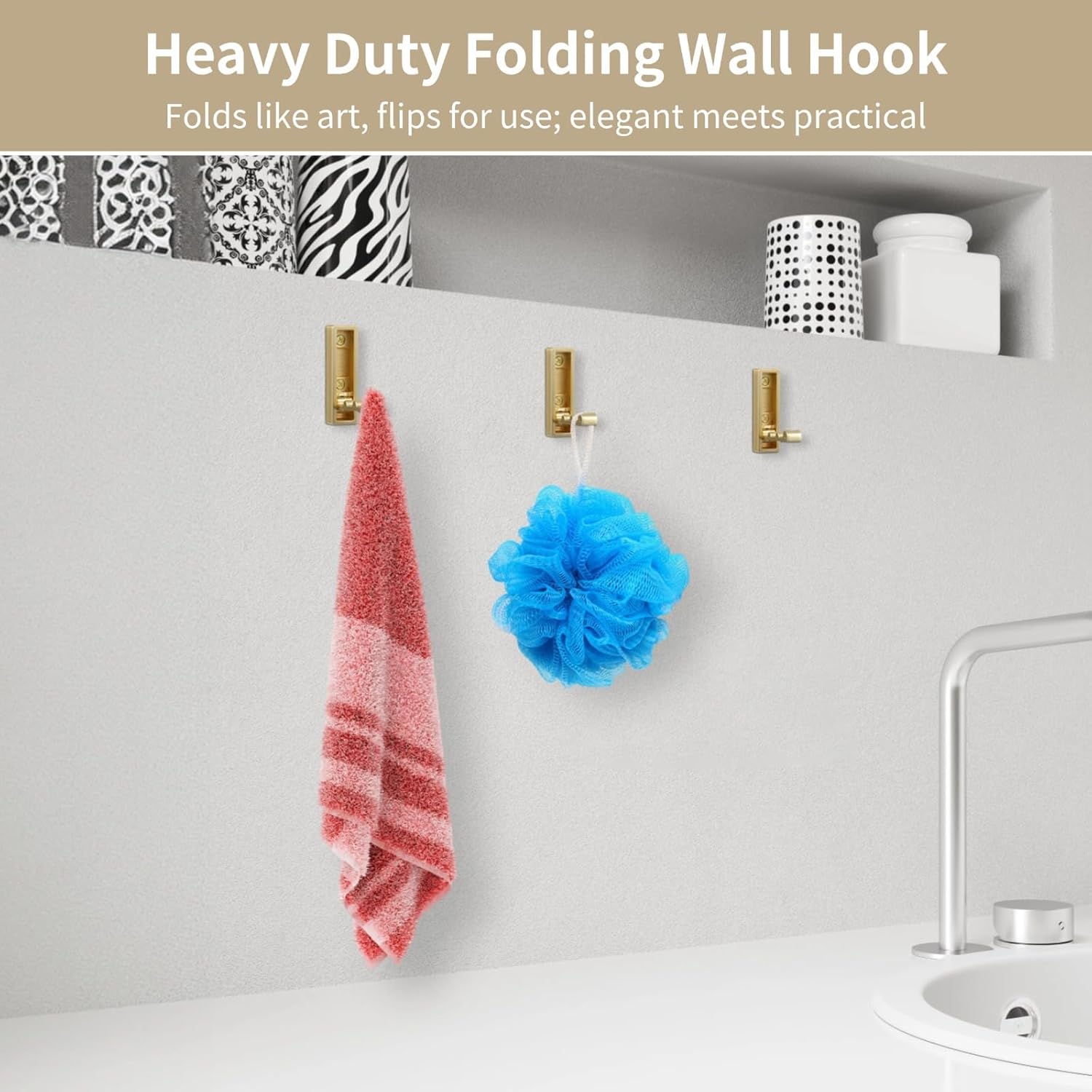 Wardrobe, Drawer, Cabinet Concealed Furniture Handles, Rectangular Brushed Golden, Heavy Duty Metal Wall Hook Hanger, Includes Screws, 6 Pcs Folding Coat Hooks