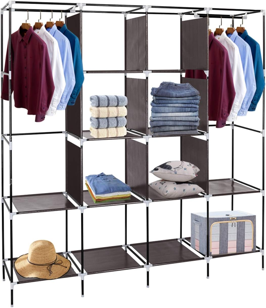 67" Clothes Closet Portable Wardrobe Clothes Storage Rack 12 Shelves 4 Side Pockets Dark Brown Closet Organizer with Protective Cover | Perfect for Storage in Your Bedroom MITPATY