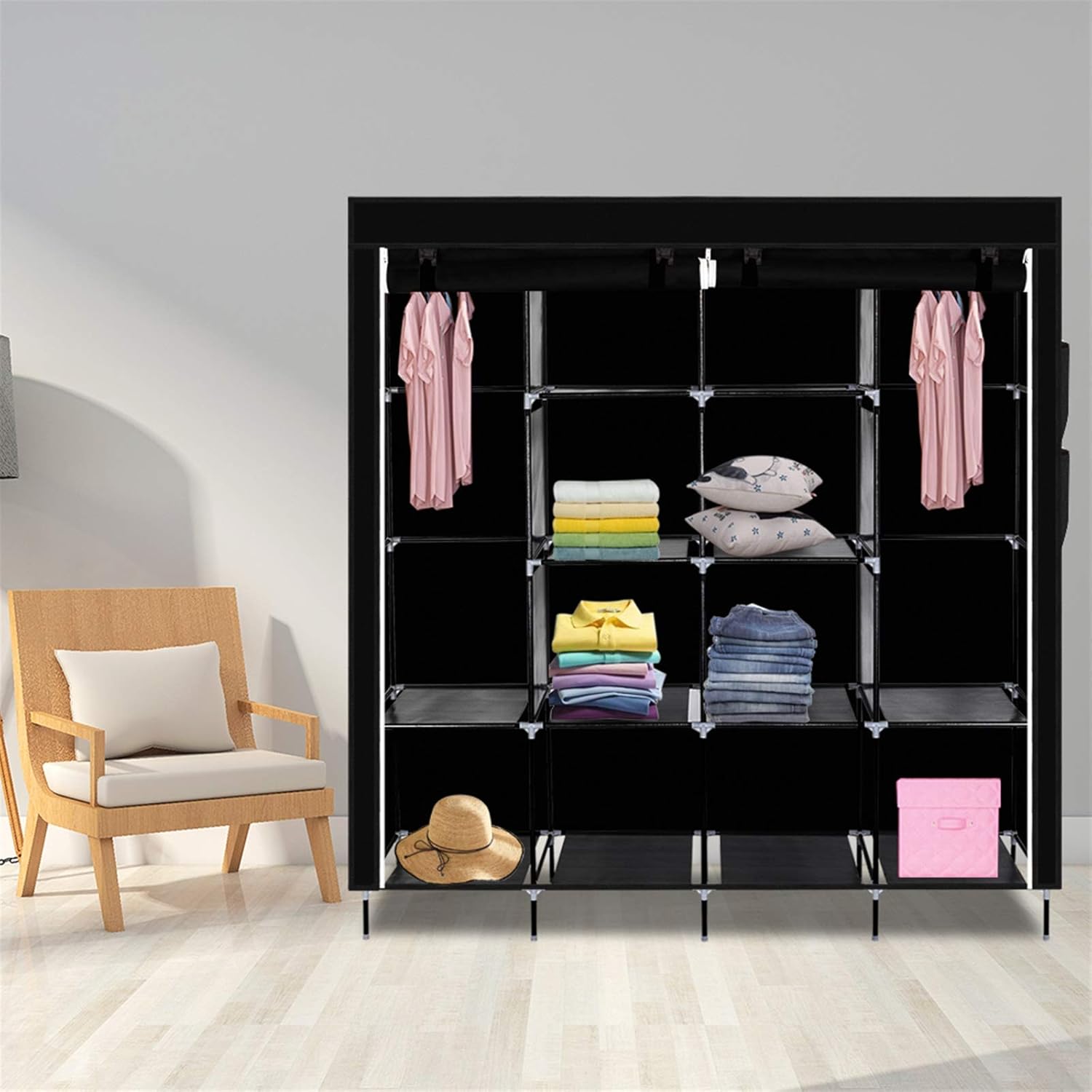 67" Portable Wardrobe Closet, Large Capacity Foldable Wardrobe with Hanging Rod and 12 Storage Shelves, Sturdy Non-Woven Fabric, Dustproof & Waterproof, Black