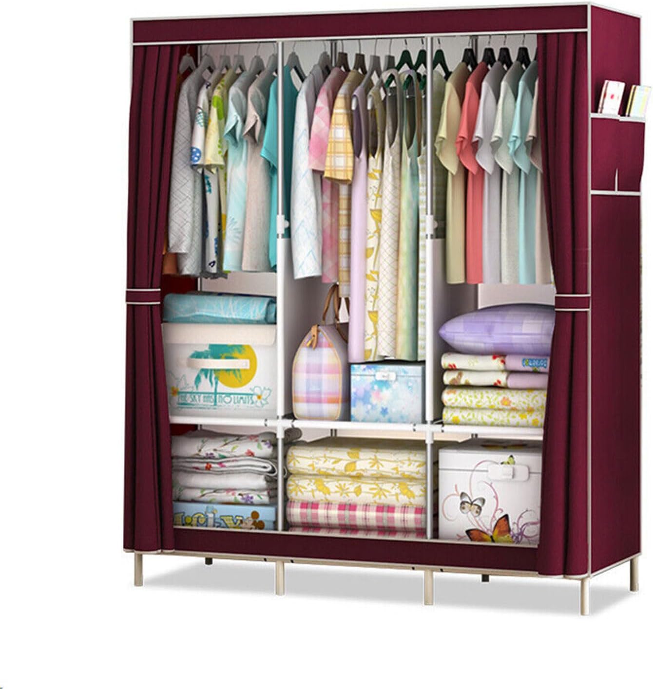 Portable Closet, 49.2" x 17.72" x 66.14" Wardrobe Closet for Hanging Clothes Closet with Cover, 1 Hanging rods, 6 Storage Shelves and Side Pockets, Free Standing Closet for Bedroom, Coffee