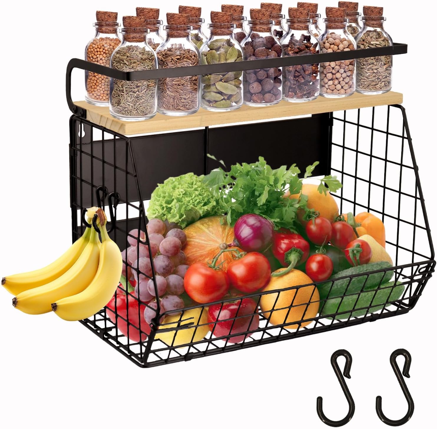 Magnetic Shelf for Fridge with Wood Lid, Fruit Potato and Onion Storage Bins, Pantry Organizers & Storage, Large Container Magnetic Spice Rack for Refrigerator, Kitchen Counter (Black01)