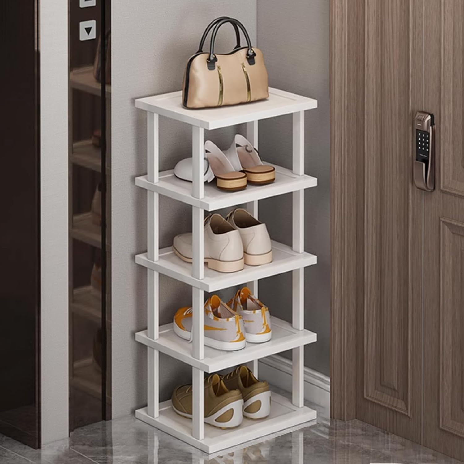Bamboo Shoe Rack - Vertical Shoe Rack for Small Spaces, Tall Narrow Shoe Rack Organizer for Closet Entryway Corner Garage and Bedroom,Skinny Shoe Shelf Free Stackable DIY - Space Saving Storage