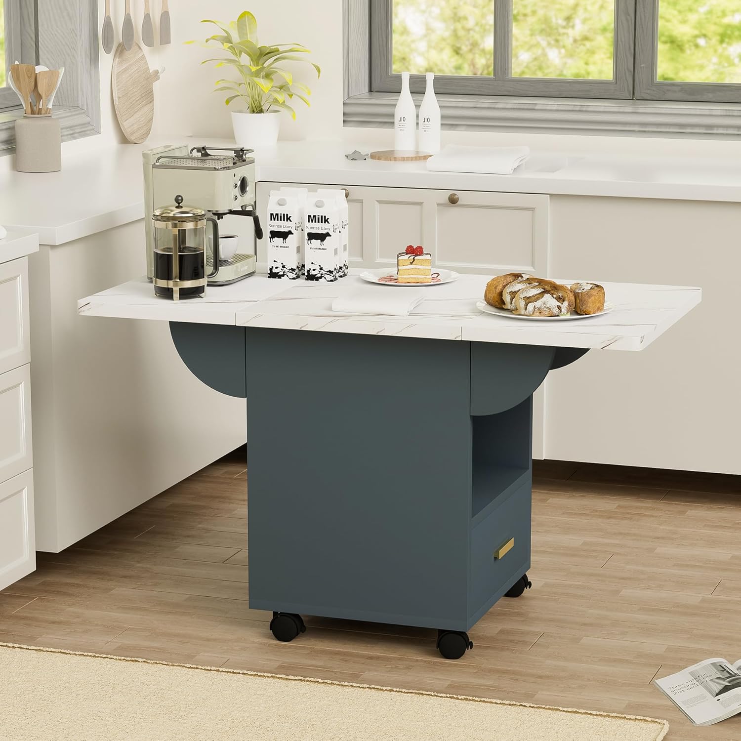 espidoo 39.4" Folding Dining Table with Wheels: Engineered Wood Extendable Kitchen Table with Storage & Drawers - Multi-Functional Space Saving Design for Small Apartments & Kitchens