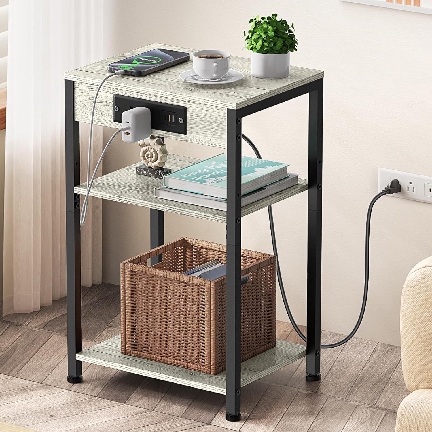 Side Table, End Table, Nightstand, Bedside Tables with Fast Charging Station and Adjustable Shelf, 3 Tier Small Side Table Sofa Beside Table Tall End Tables Living Room, Black&Grey
