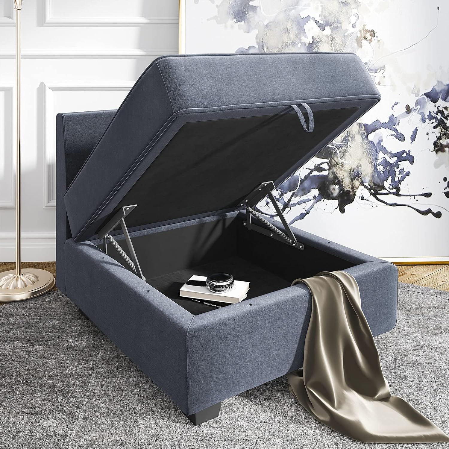 HONBAY Square Ottoman Module for Modular Sectional Sofa, Storage Ottoman Footrest and Seat Cube, Bluish Grey