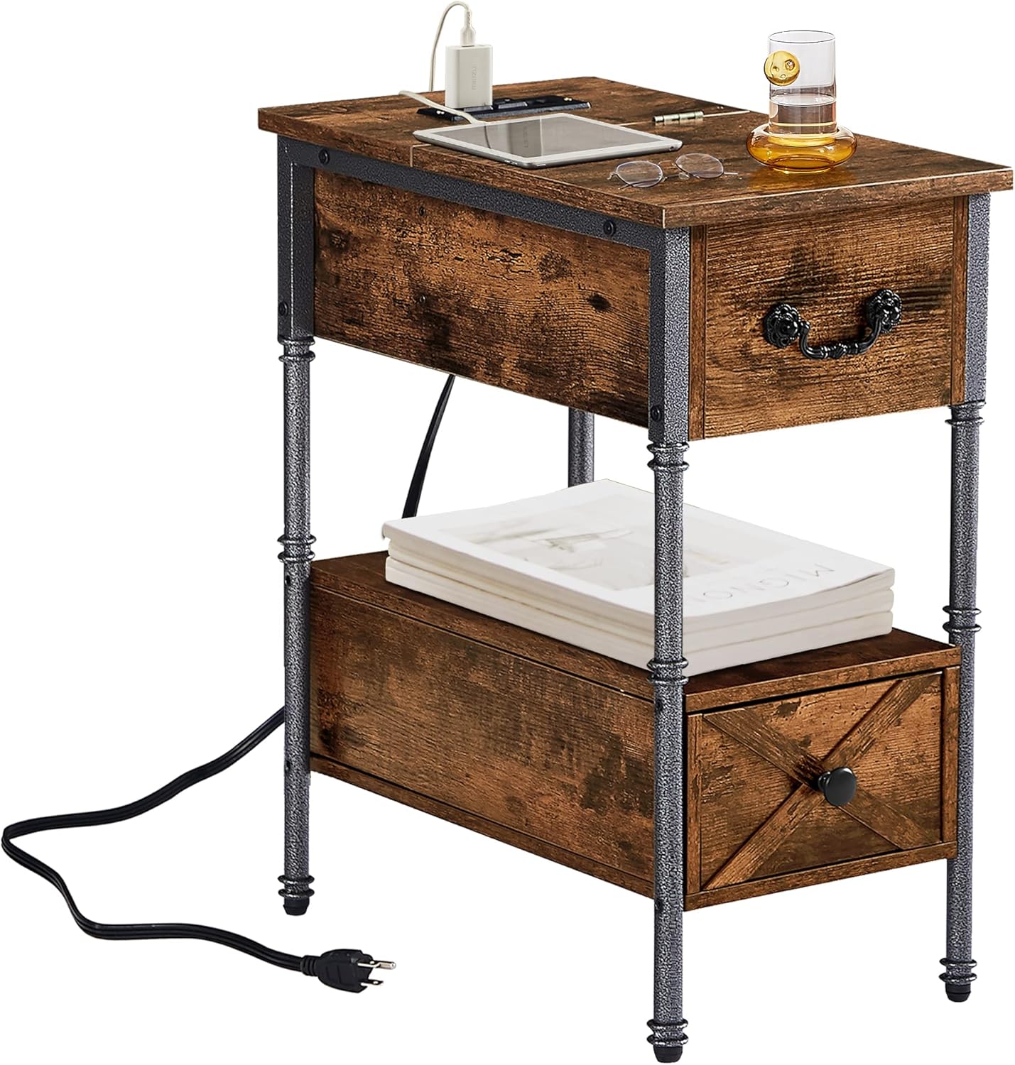 VECELO Tall End Side Table Nightstands Shelf Storage Organizer with Basket, 1 Set, Rustic Brown