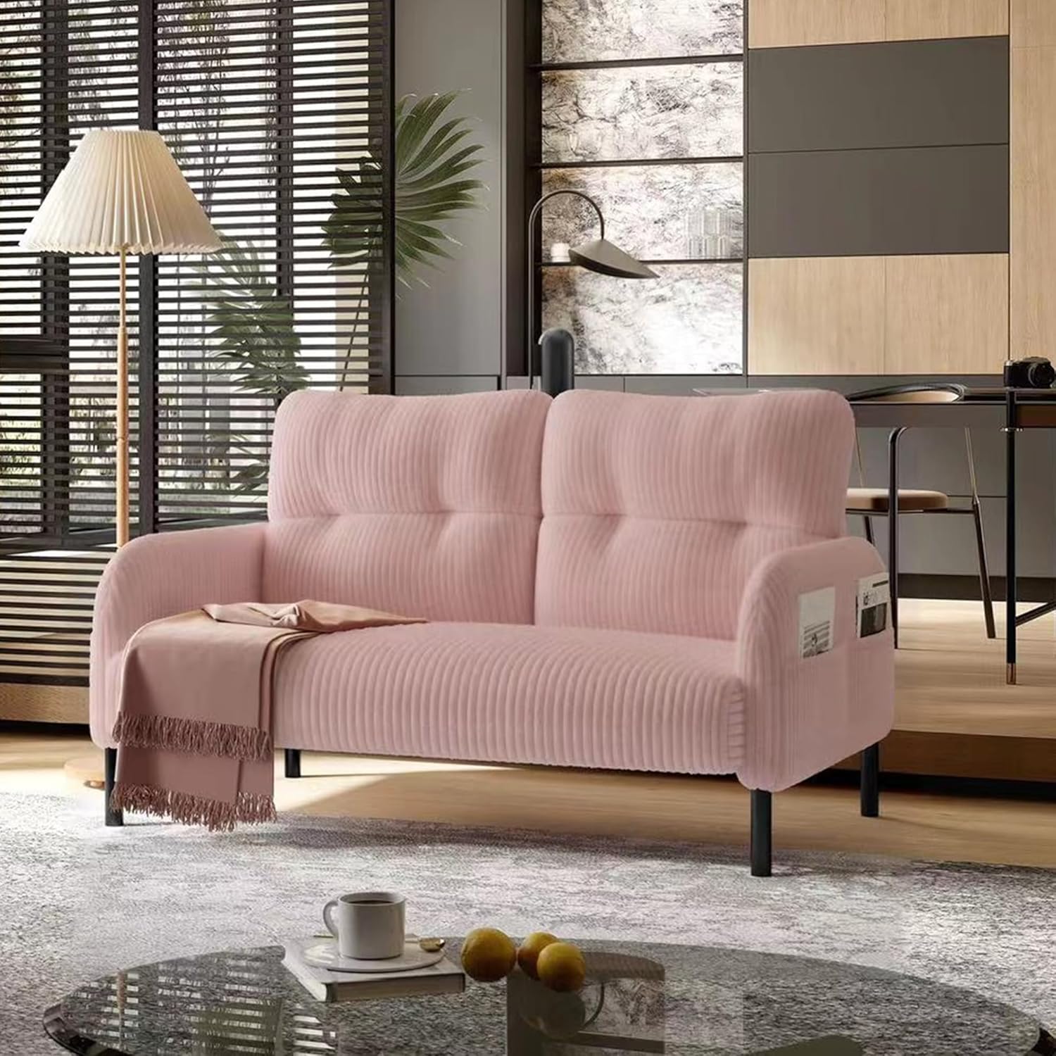 Small Corduroy Fabric Accent Sofa, Comfortable Loveseat Couch with Double Side Pockets, Suitable for Living Room, Bedroom, Apartment (Orange)