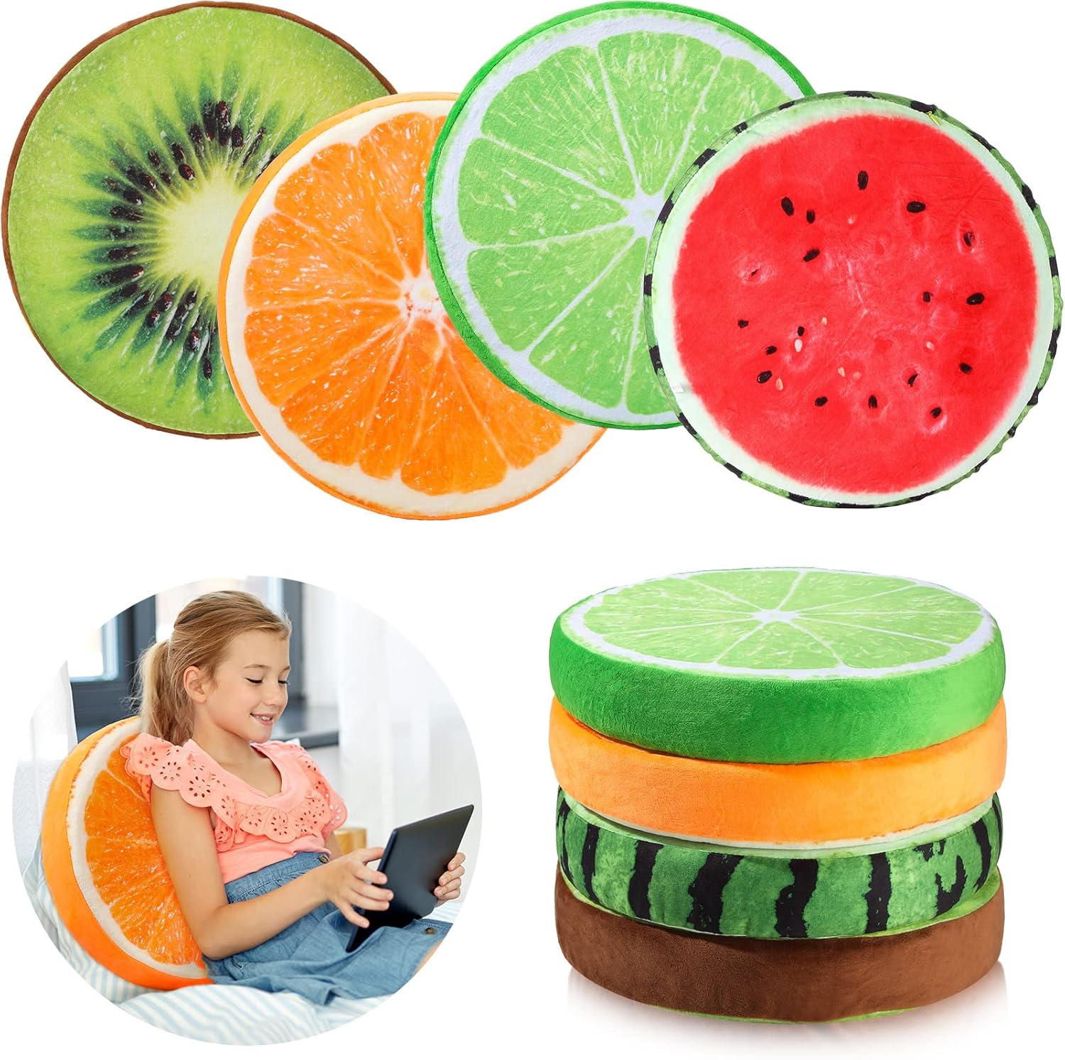 Coume 8 Pcs 15.7 Inch Fruit Pillows Round Floor Cushions 3D Watermelon Kiwi Lemon Orange Decorative Stuffed Throw Pillows Chair Toy Seat Floor Seat Cushions for Kids Couch Sofa Classroom