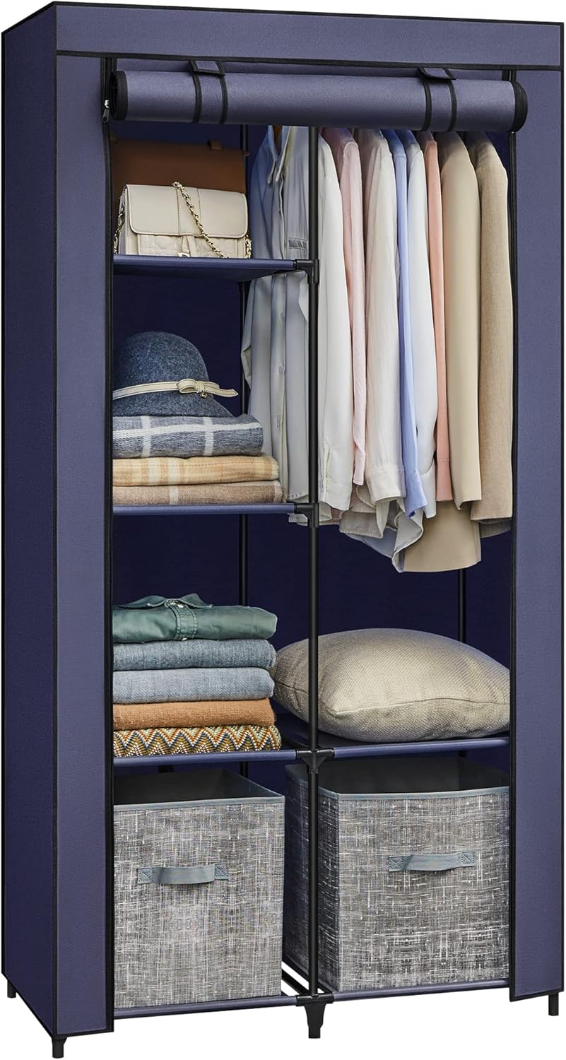 SONGMICS Portable Closet, 34.6 Inch Large Capacity Wardrobe Closet Organizer with Fabric Cover, Hanging Rods and Shelves, 34.6 x 17.7 x 66.1 Inches, for Bedroom, Living Room, Dark Blue URYG084I02