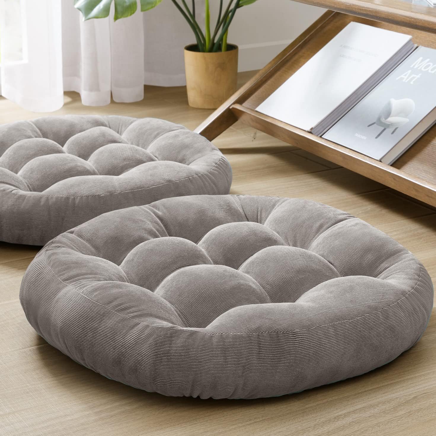 Meditation Floor Pillow Set of 2, Square Large Pillows Seating for Adults, Tufted Corduroy Cushion for Balcony Outdoor Tatami Living Room, Beige, 22x22 Inch
