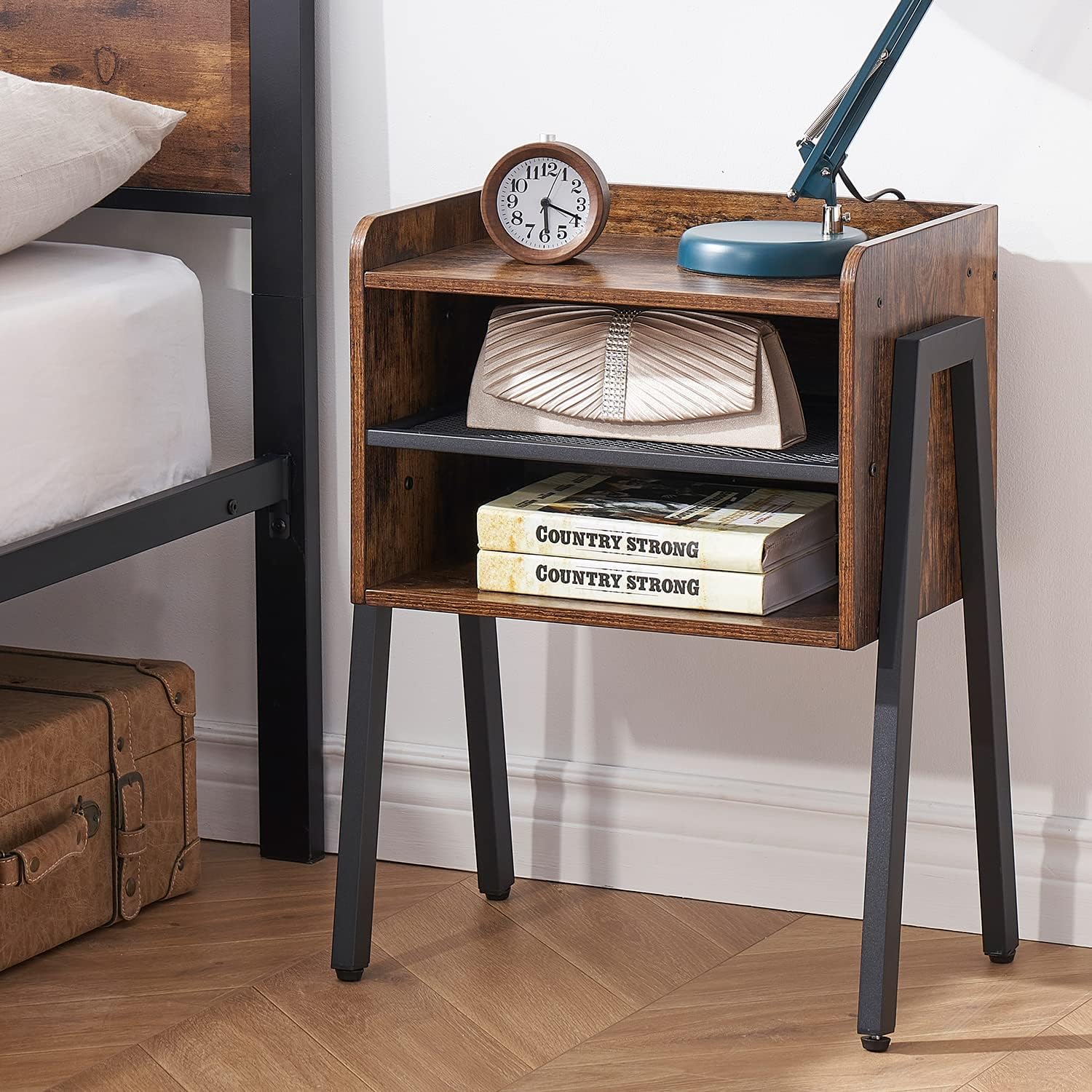 VECELO Nightstand Industrial Side Table/End Table/Stackable Accent Furniture with 2-Tier Open Storage Shelves for Bedroom, Living Room and Small Spaces