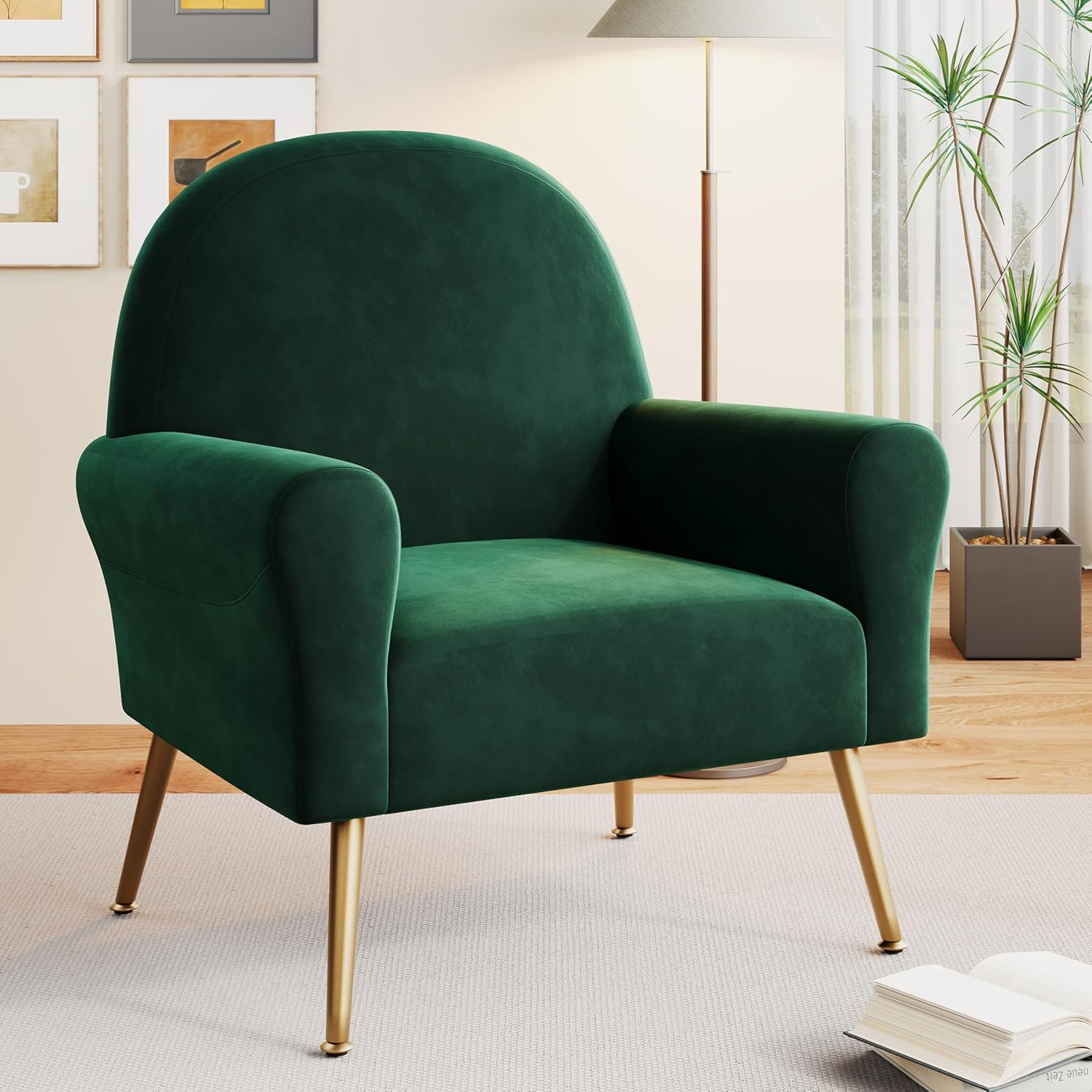 WENTMENT Velvet Accent Chair Modern Accent Chairs Upholstered Armchair Sofa Chair with Golden Legs for Living Room/Bedroom/Study/Waiting Room，Green