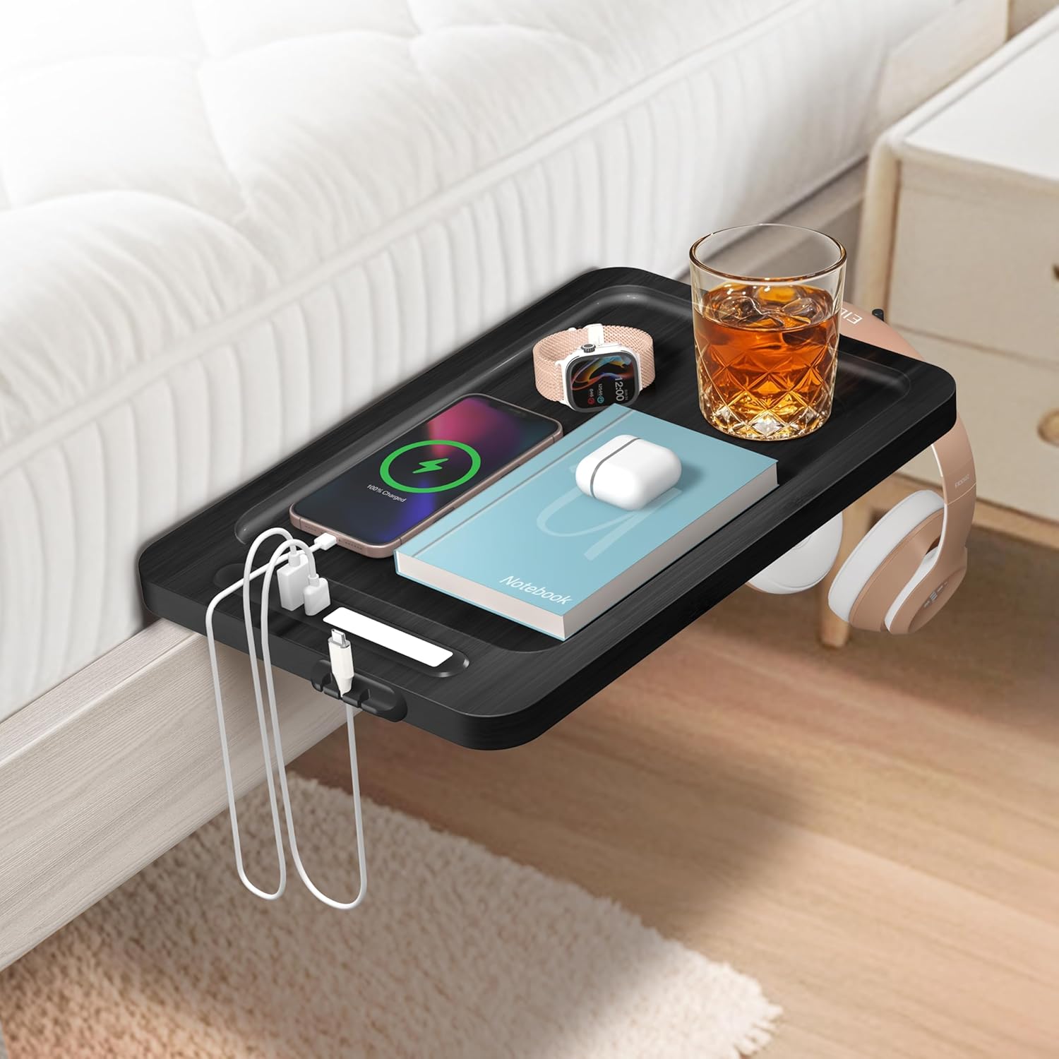 Bedside Shelf for Bunk Bed - Dorm Bed Shelf with Cup Holder, Night Light Socket, and Hook Versatile for Dorm Room Essentials, Loft Nightstand, and Dorm Bed Storage Solution