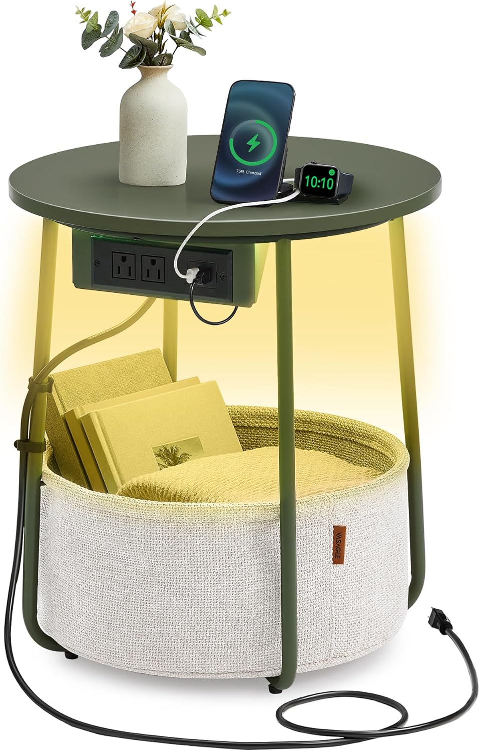 VASAGLE End Table, Side Table with Fabric Basket, Modern Nightstand, Square Bedside Table, for Living Room, Bedroom, Matte White and Camel Brown ULET229W10
