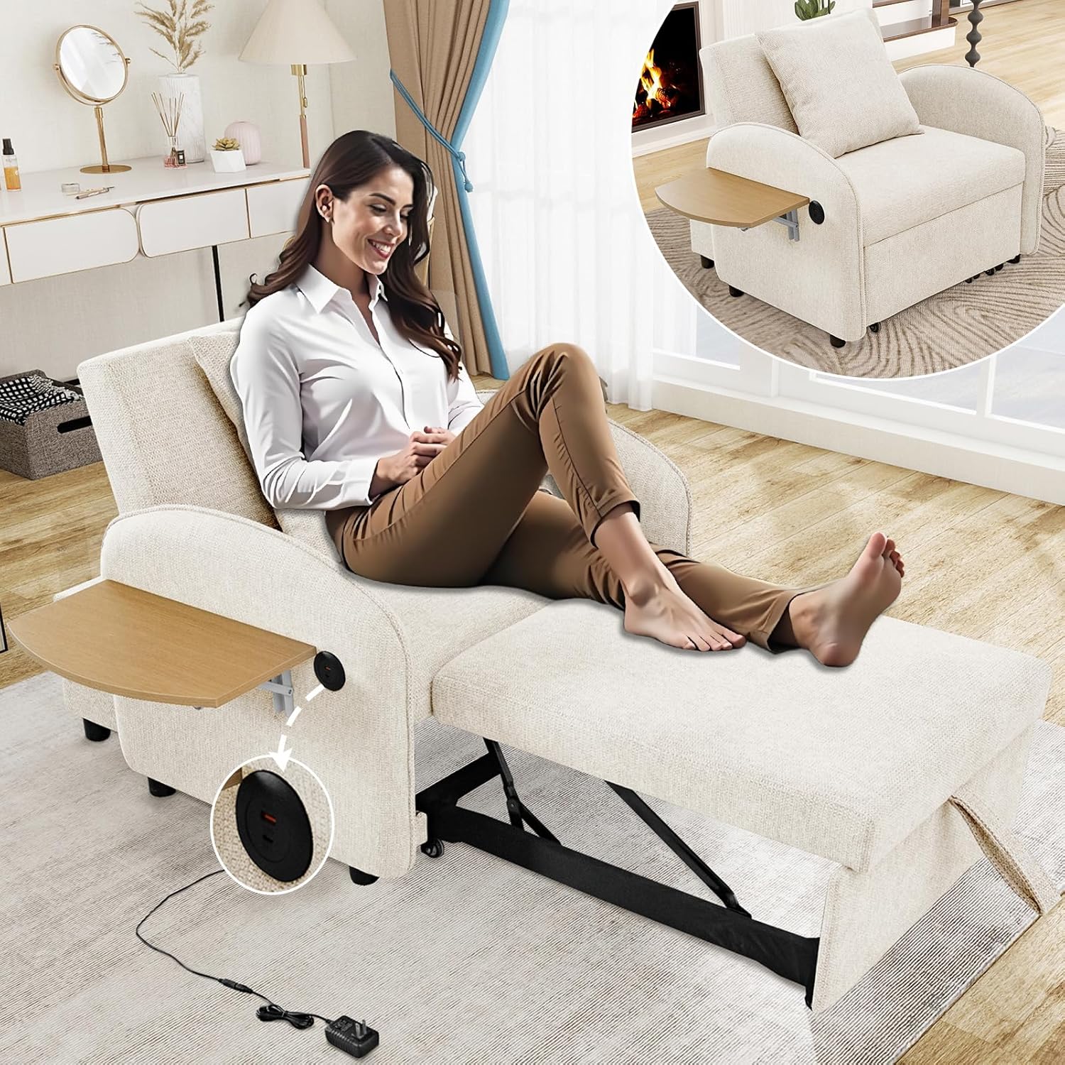 Linen Fabric Sofa Chair Bed Sleeper for Adults, 3 in 1 Convertible Sleeper Chair Pull Out Bed with Adjustable Backrest, USB Port, Foldable Table, Comfy Pillow, 550 LBS Capacity (Gray) (Beige)