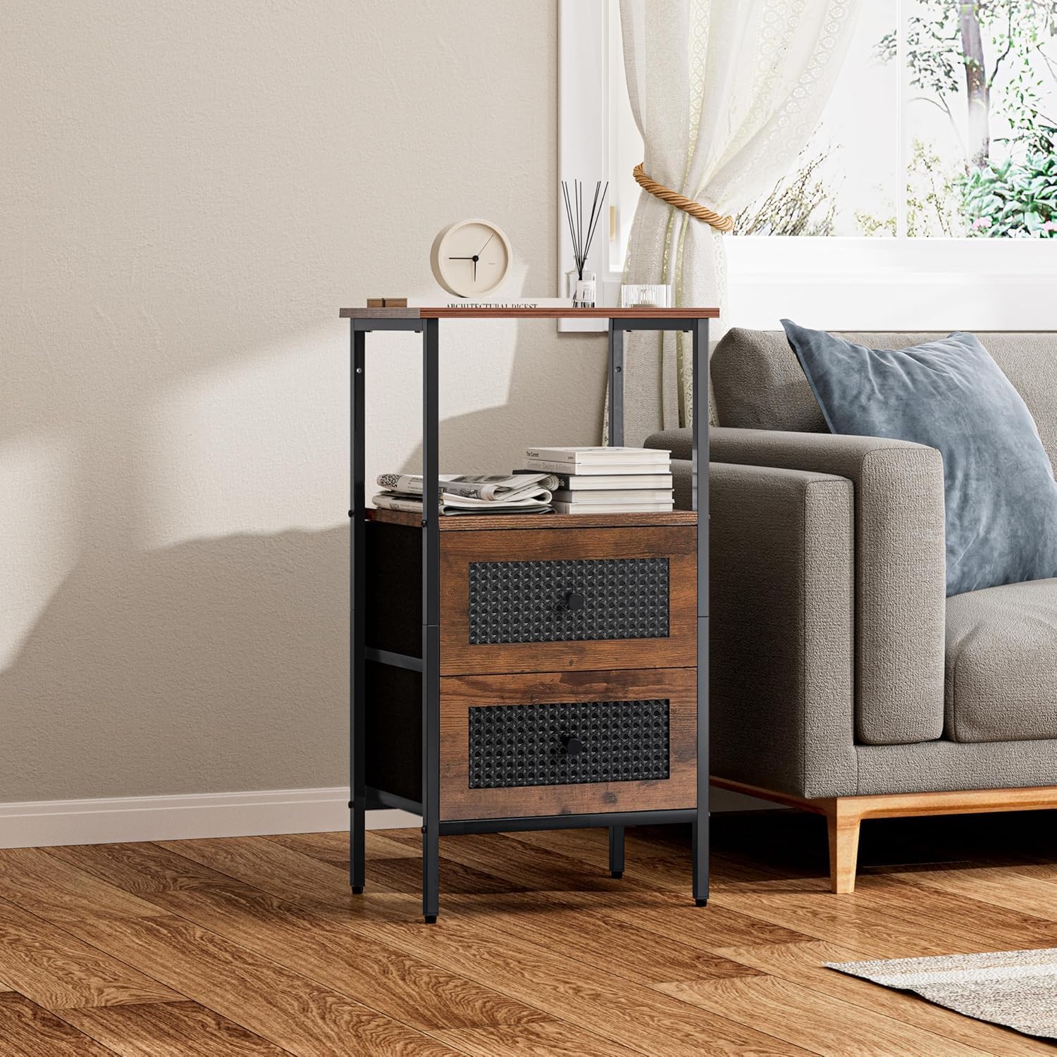 Rattan Nightstand with 2 Drawers, Side Table with Storage, Open Shelf, 27.5 Inch Bed Stand for Bedroom, Living Room, Dorm, Rustic Brown