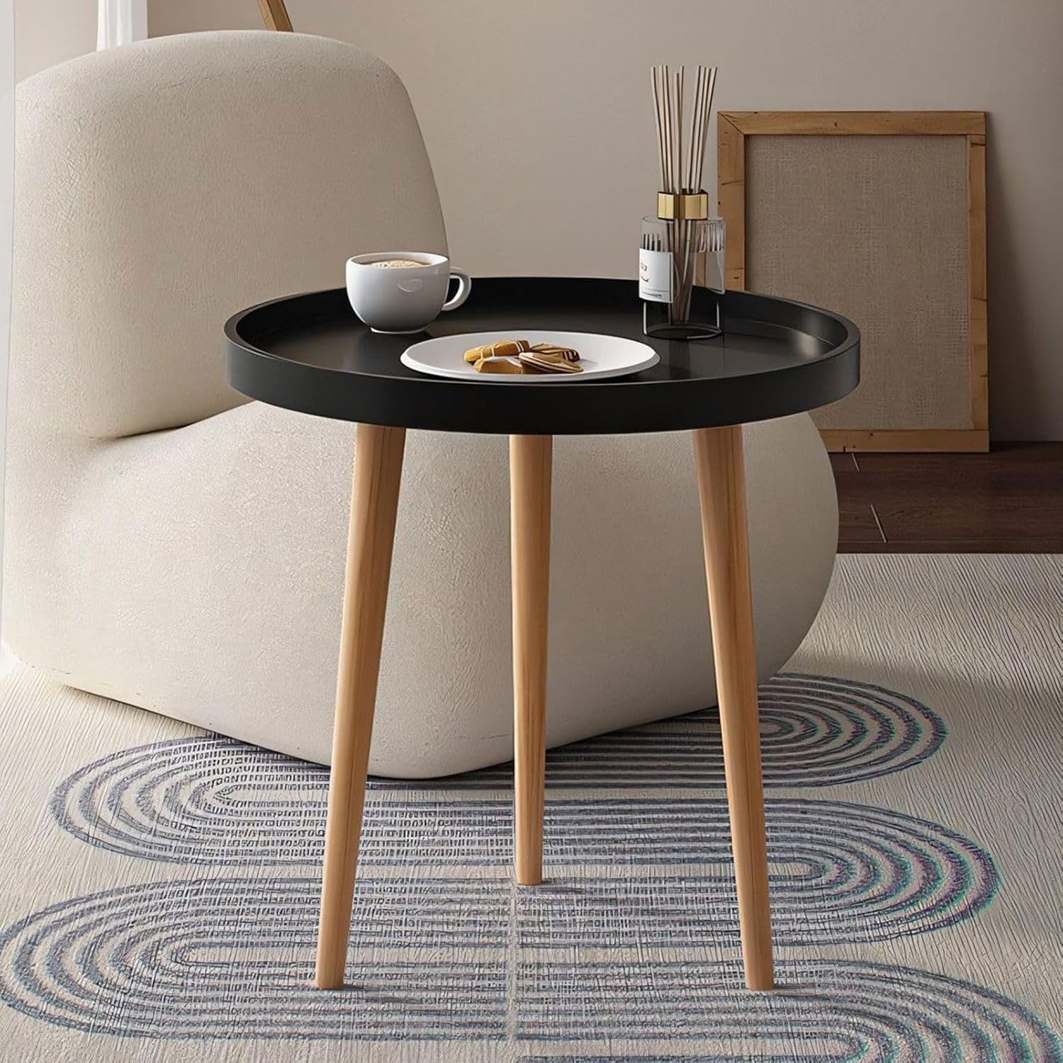 Round Side Table, 15.75" × 17.72" Coffee End Table with Wooden Tray, Home Decor Bedroom Nightstand for Living Room, Small Spaces, Easy Assembly Bedside Table, Gray