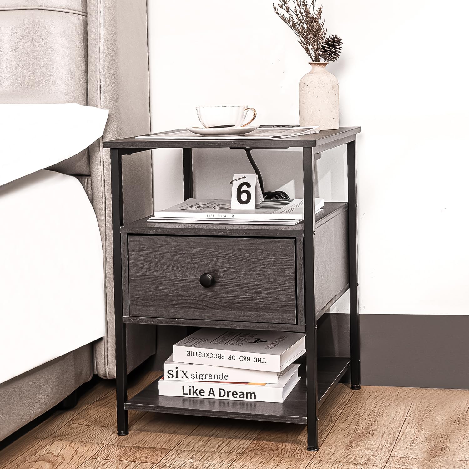 Wooden Nightstand with Charging Station USB Port and Single Drawer | Bedside Table End Cabinet for Living Room Bedroom Dorm - Dark Grey