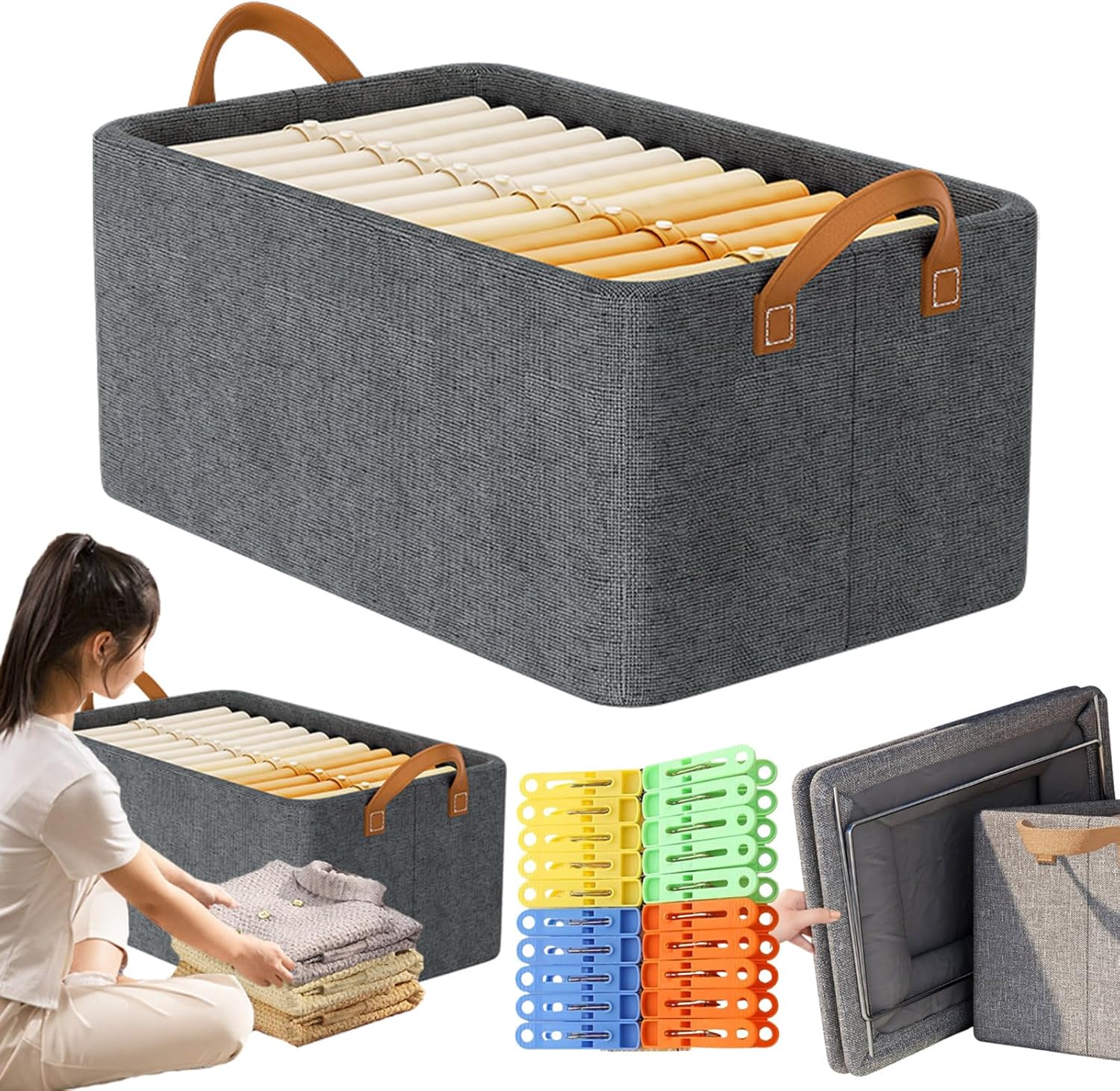 Cation Multi-Functional Folding Wardrobe, Pickelect Storage Boxes, Foldable Jeans Organizer for Closet, Stackable Storage Baskets for Jean Sweater Shirt Pants (1Pack-Gray)