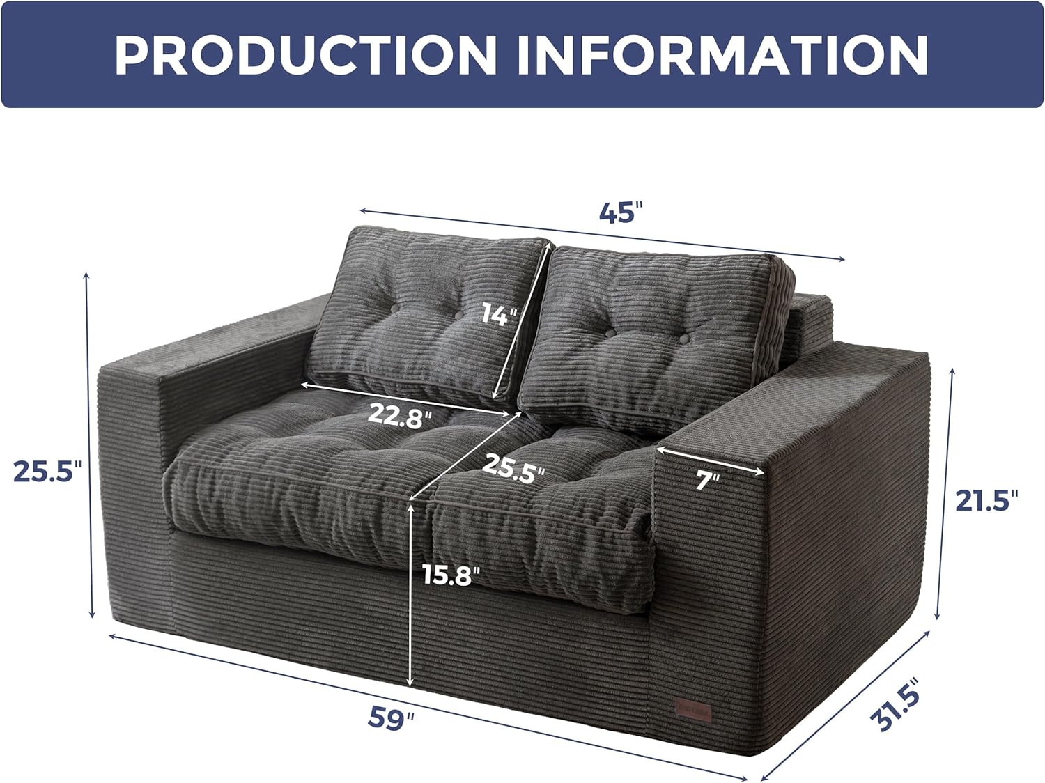 Bean Bag Chair for Adults,Small Couches for Small Spaces, Upholstered Floor Sofa with Armrests,Loveseat Apartment Couch for Bedroom Living Room,Sofa in A Box, Dark Grey