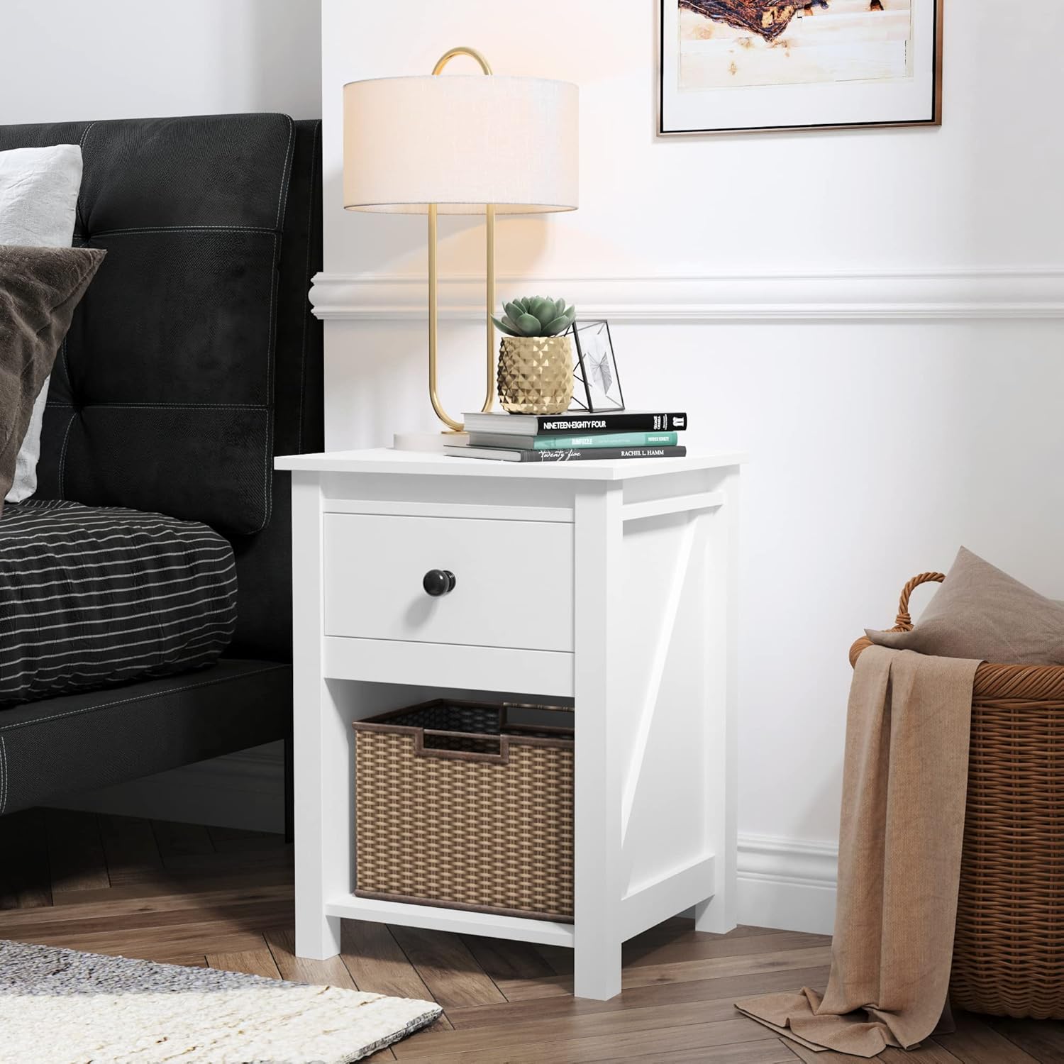 White Finish Nightstand Side End Table with Drawer and Farmhouse Style Design 24" H by RAAMZO