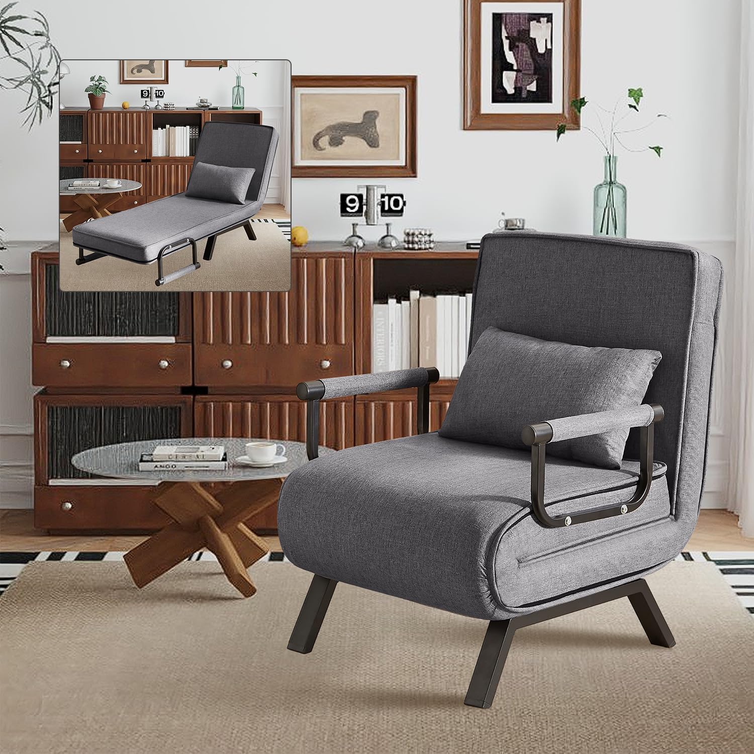 Convertible Sleeper Chair, 5 in 1 Folding Sofa Bed with 5-Position Adjustable Backrest & Pillow, Floor Single Chairs, Cozy Futon Chair for Small Spaces, Apartment, Bedroom, Office (Light Grey)