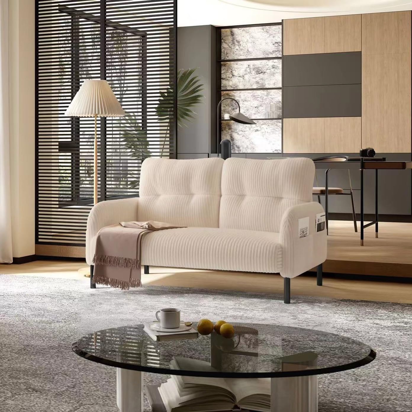 Yellow Small Loveseat Couch, Modern Soft Love Seat, Corduroy Upholstered Sofa, Comfy Bedroom Mini Couchs with Metal Legs and Side Pockets for Living Room Bedroom, Dorm, Apartment (Yellow)