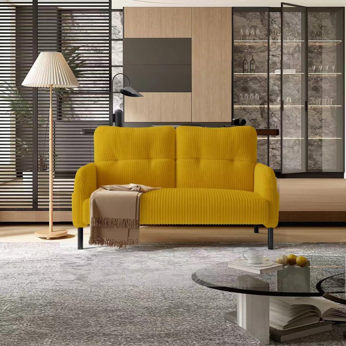 Orange Small Loveseat Couch for Small Spaces, Corduroy Upholstered Love Seat Sofa with Side Storage Bags, Comfy Mini Couch with Wooden Legs for Bedroom, Living Room, Apartment and Office (Orange)
