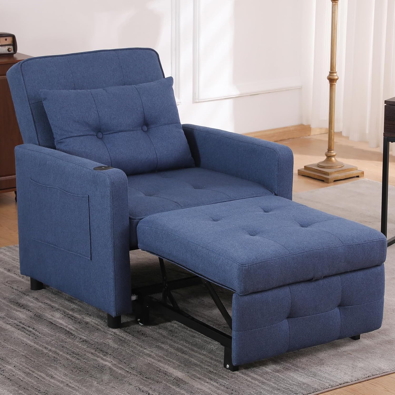 3 in 1 Sleeper Chair with Pullout Couch, Convertible Lazy Sleeper Armrest Sofa Chair with Storage Pockets & Adjustable Backrest, Comfy Folding Ottoman Bed Sleeper for Bedroom (Grey)
