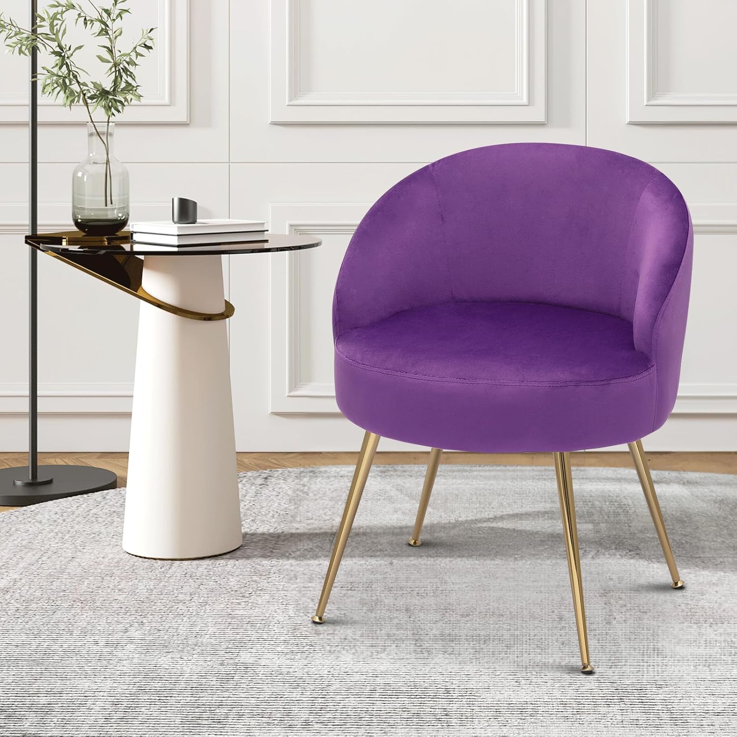 Velvet Accent Chair, Modern Vanity Chair Upholstered Barrel Chair, Comfortable Armchairs with Golden Metal Legs, Makeup Reading Side Chair for Living Room Bedroom, Pink