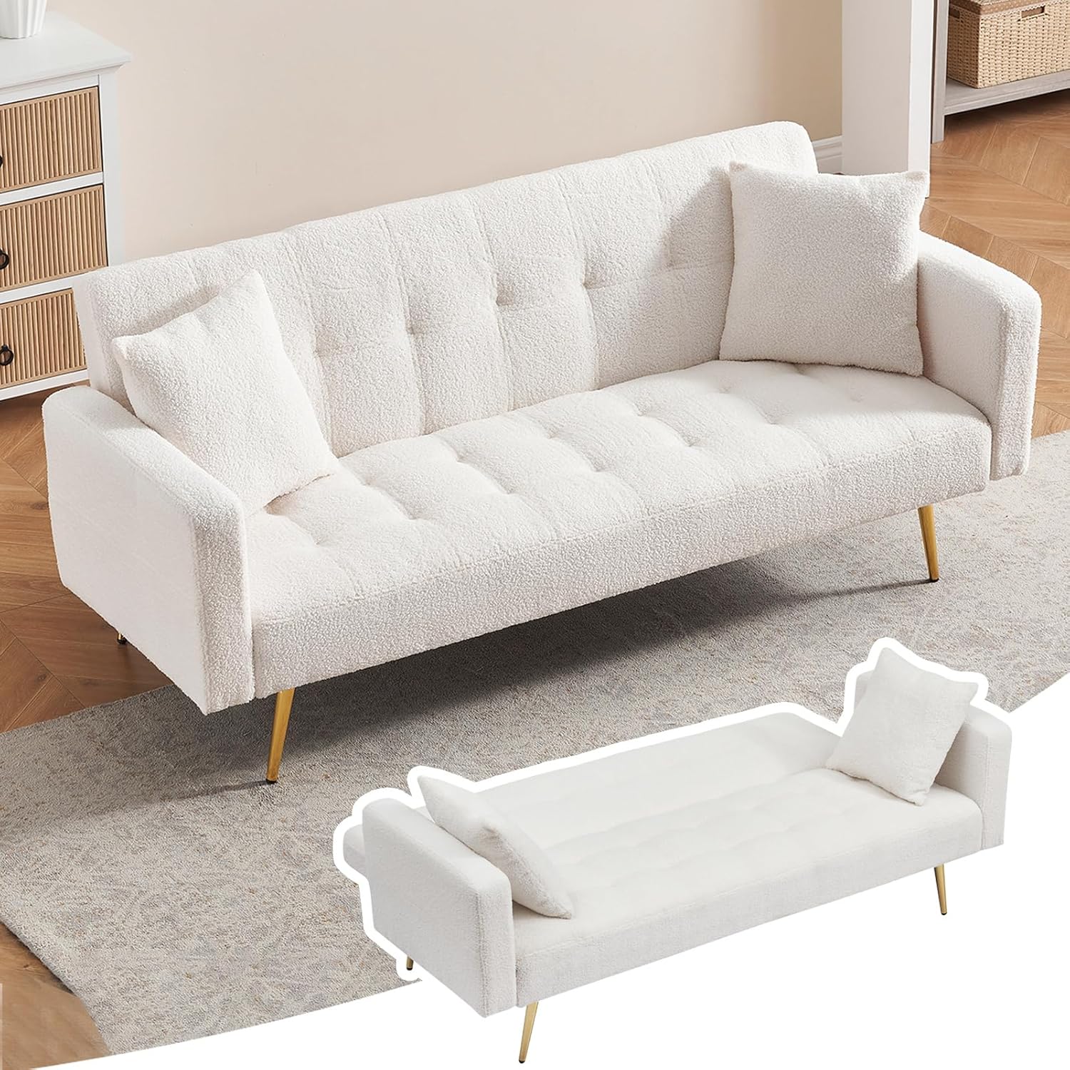 71.7 Inch Modern Futon Sofa Bed with Adjustable Backrest & 2 Pillows,Teddy Fleece Fabric Folding Sofa Beds, Sleeper Couch for Bedroom Apartment Office (Beige)