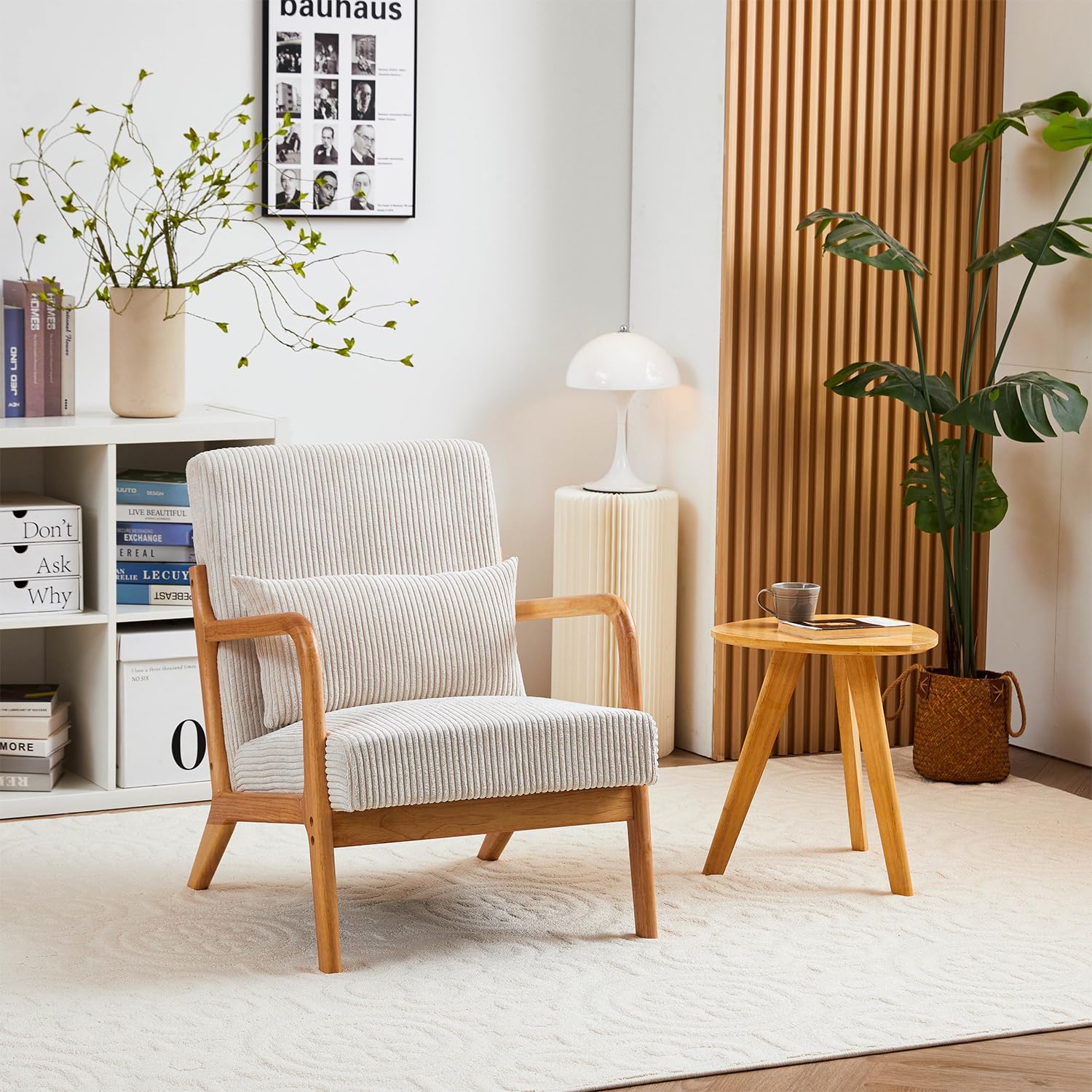 Mid-Century Modern Accent Chair, Upholstered Armchair with Solid Wood Frame, Comfortable Cushion and Pillow, Perfect for Living Room, Bedroom or Balcony (Beige)
