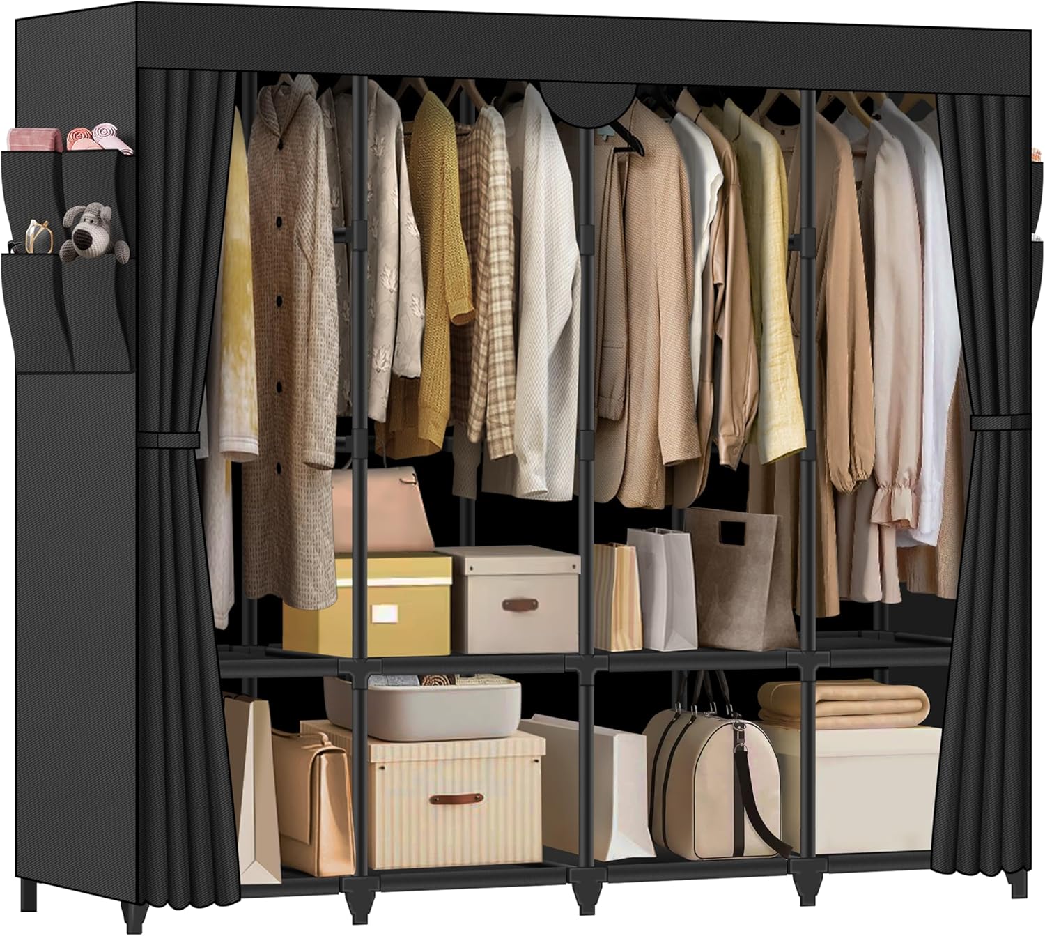 Wardrobe Closet, Quick and Easy Assembly, Black Portable Closet with 2 Hanging Rods 4 Storage Shelves and 8 Side Pockets, Sturdy and Stable Clothes Rack with Cover, for Bedroom and Dormitory