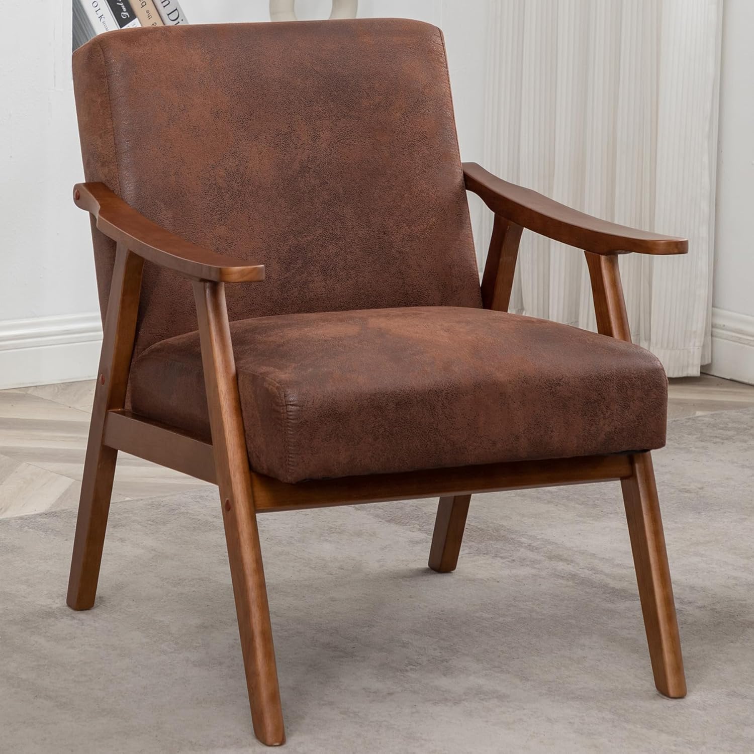 Mid Century Modern Accent Chair, Upholstered Armchair Comfy with Wood Legs, Siting Chair with Soft Cushion, PU Leather Side Chairs for Living Room Bedroom Office (Microfiber, Grey)
